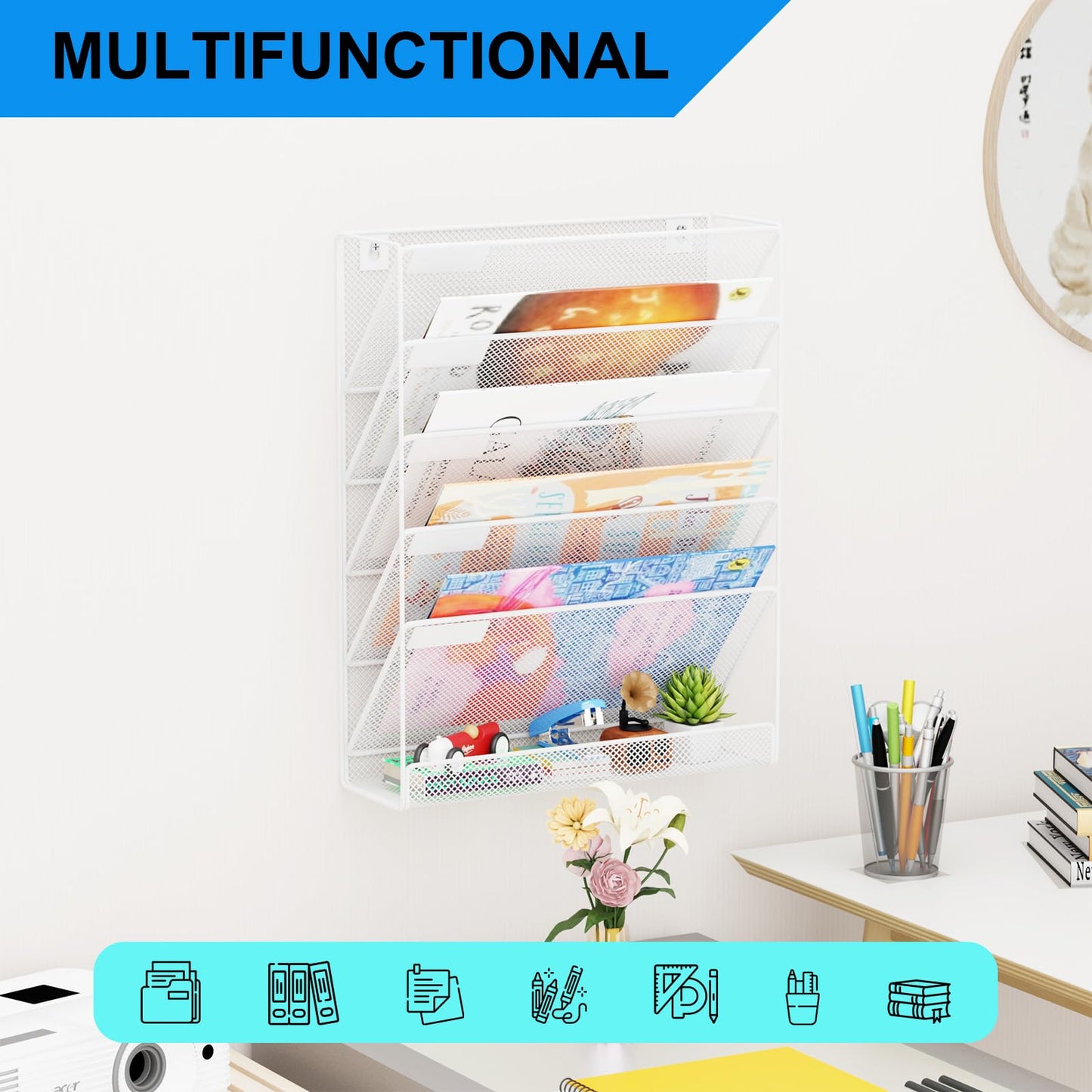 GDINDINFAN Wall File Organizer Holder Mesh Hanging Paper Document Holder,Vertical 6 Pocket Tier for