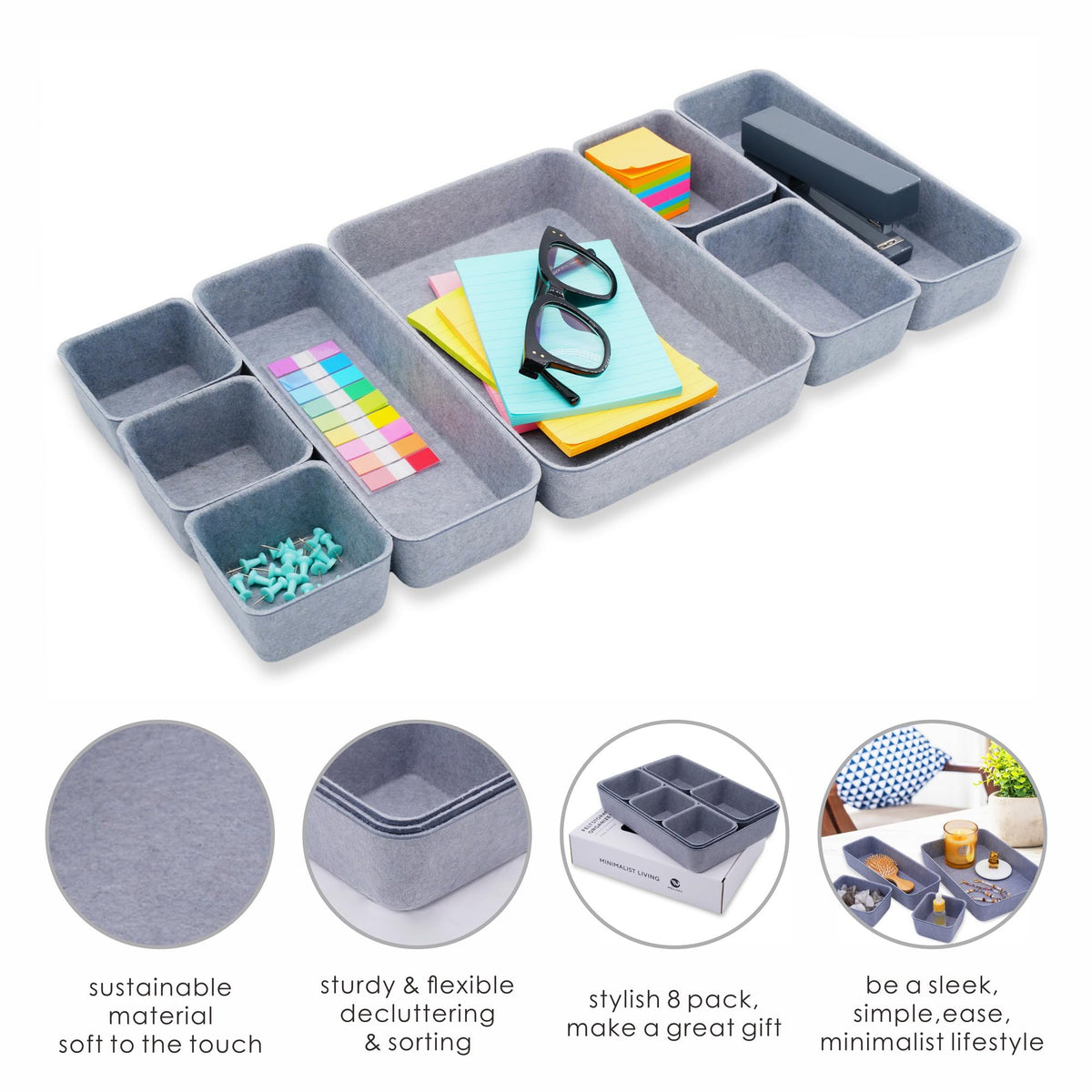 Welaxy Minimalist 8pc Felt Desk Drawer Organizer Glacier Gray Bins