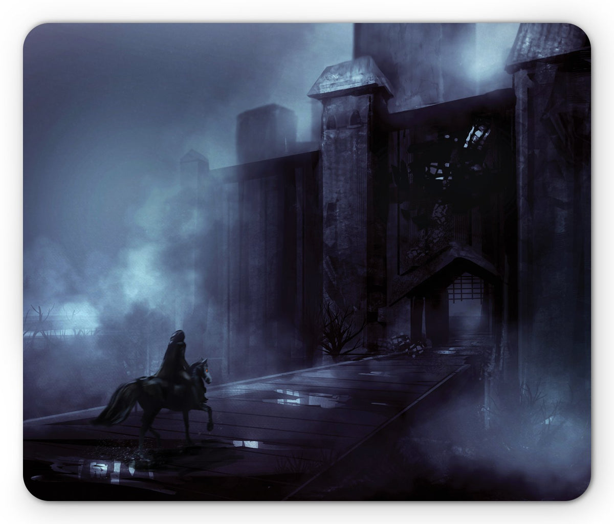 Lunarable Horror House Mouse Pad, Medieval Castle in Foggy Night with a Horseman Riding Travel