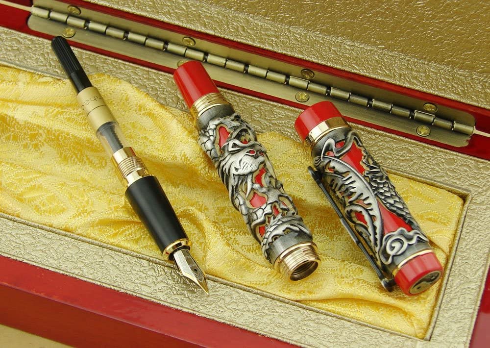 Jinhao Dragon Phoenix 3d Embossment Gray Red Fountain Pen Bent Nib Chinese Ruyi Clip Wooden Box Set
