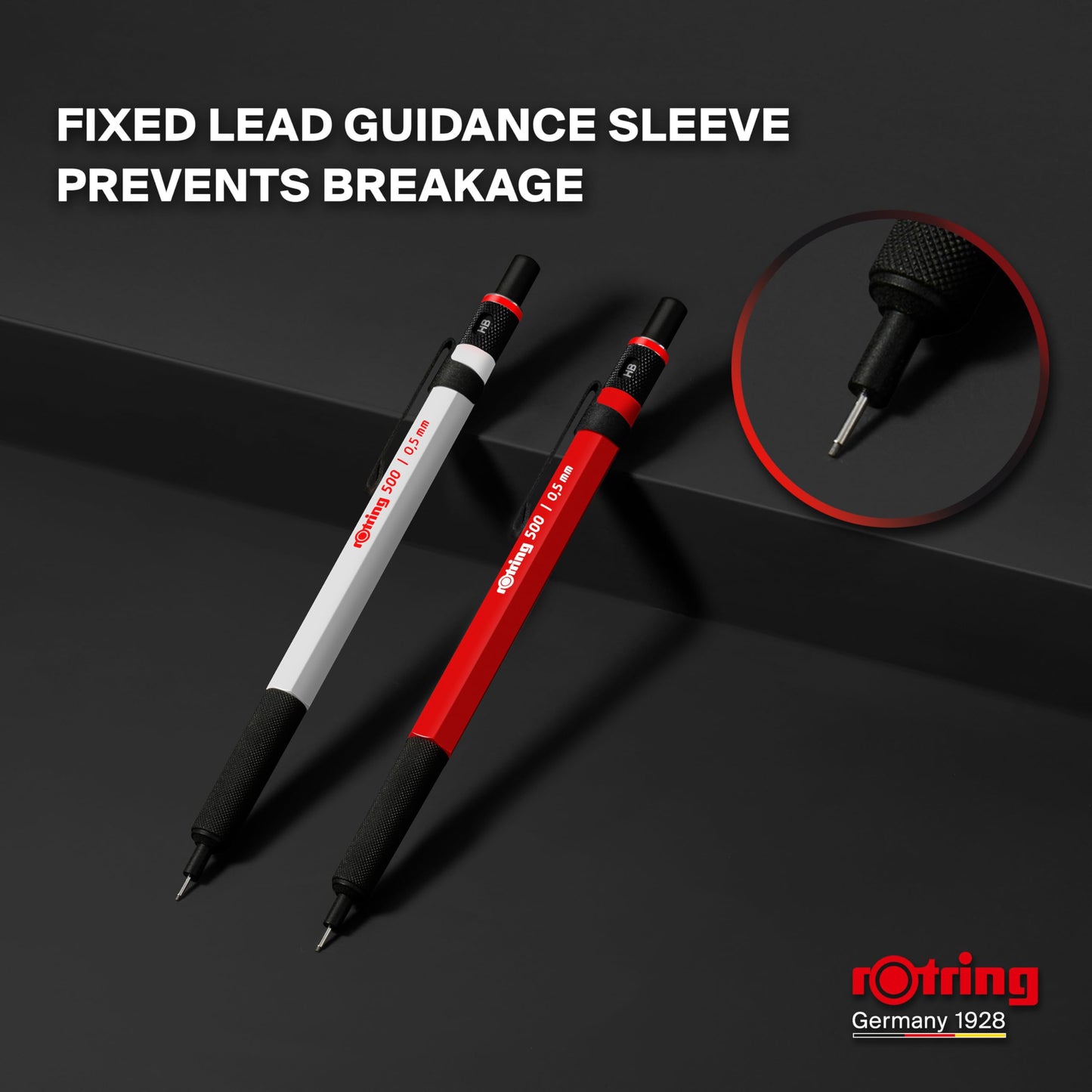 Rotring 500 Mechanical Pencil, Red and White Hexagonal Plastic Barrel and Non-Slip Textured Metal