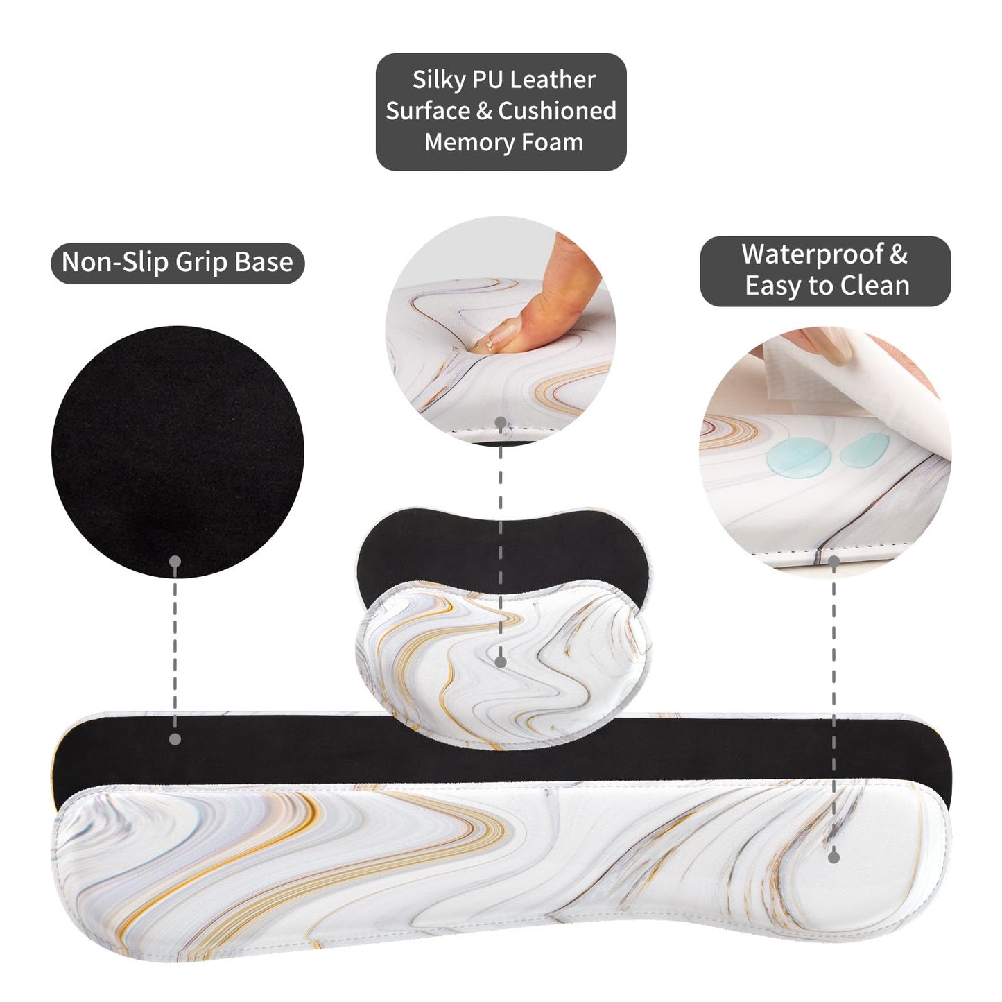 QiyI PU Leather Desk Mat Set, 4-in-1 Ergonomic Wrist Rest, Marble Stripes