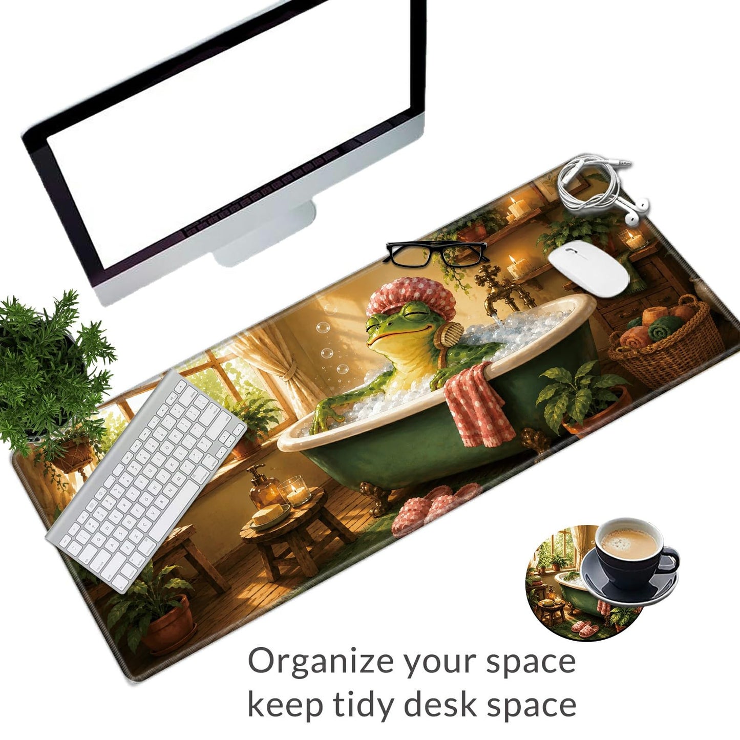 Bubble Bath Frog Large Mouse Pad, 31.5 x 11.8 in Extended Desk Mat