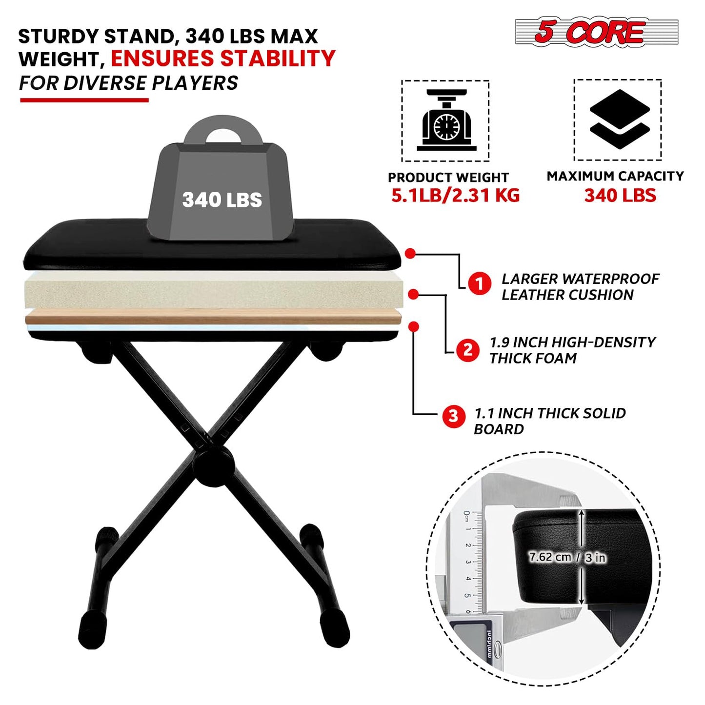 5 CORE Keyboard Bench 3 Inch Padded Cushion Adjustable 14.5" to 20.5" Piano Stool Heavy Duty