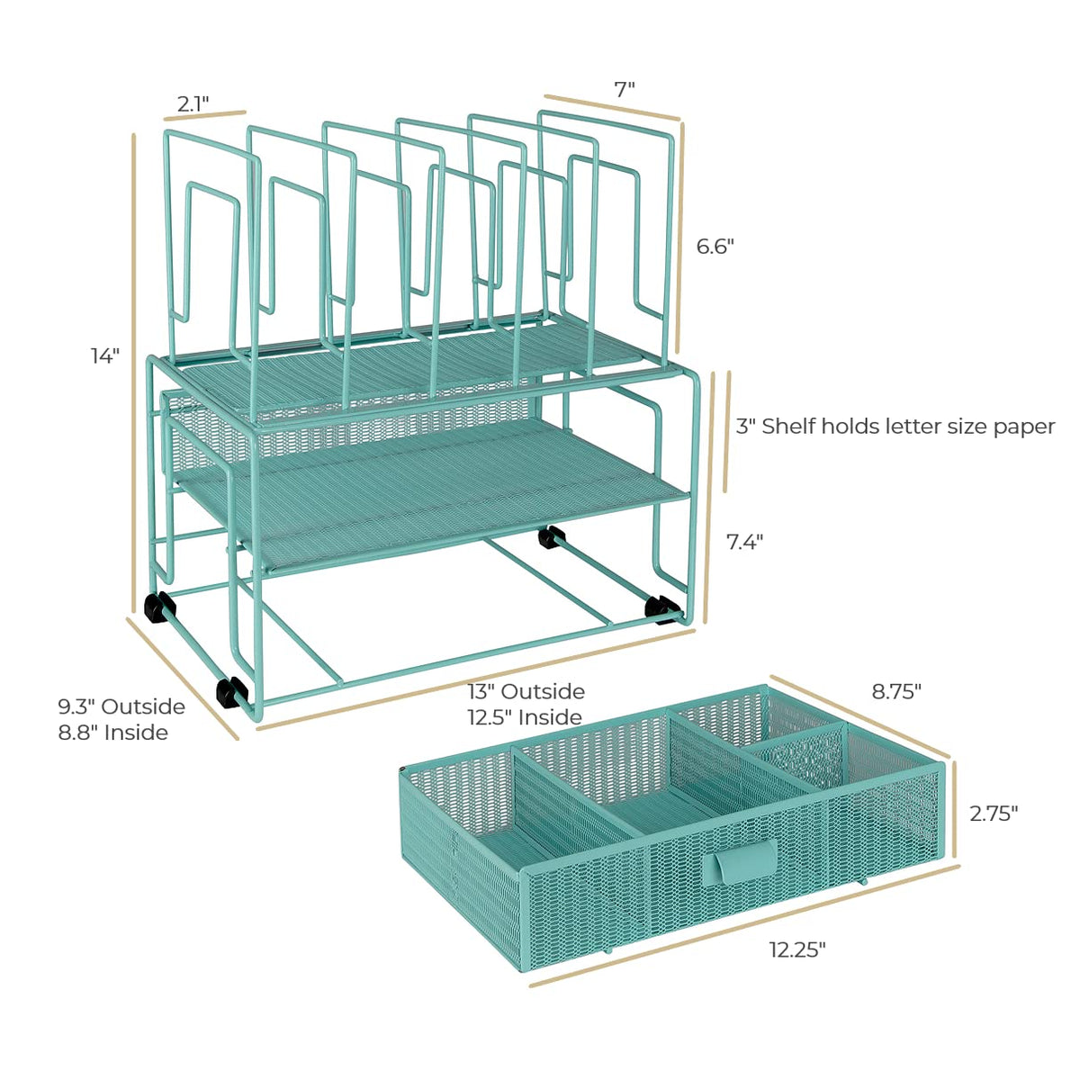 BLU MONACO Mint Green Desk Organizer With File Sorters and Drawer | Metal Mesh Desktop Storage for