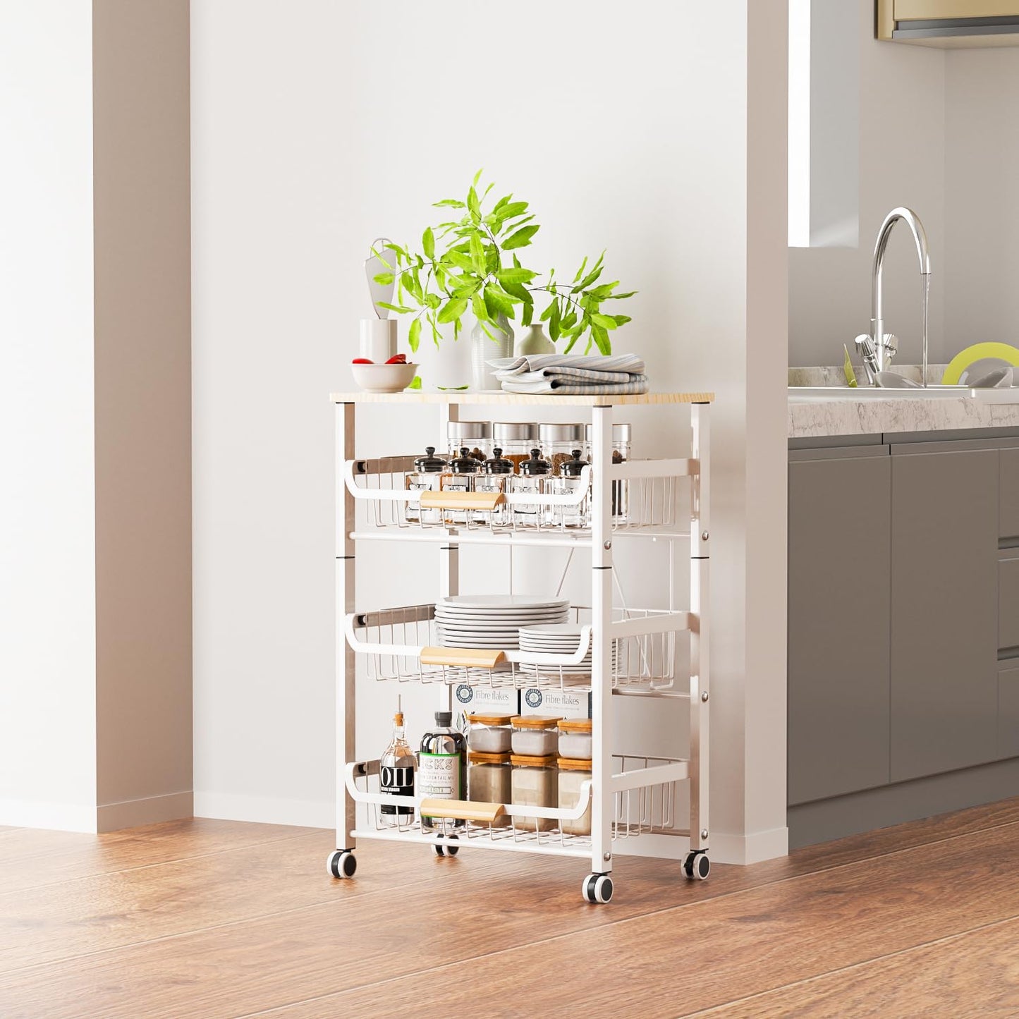 JAQ Slide Out Fruit Vegetable Basket for Kitchen, 4-Tier Rolling Storage Cart with Wooden Handle &