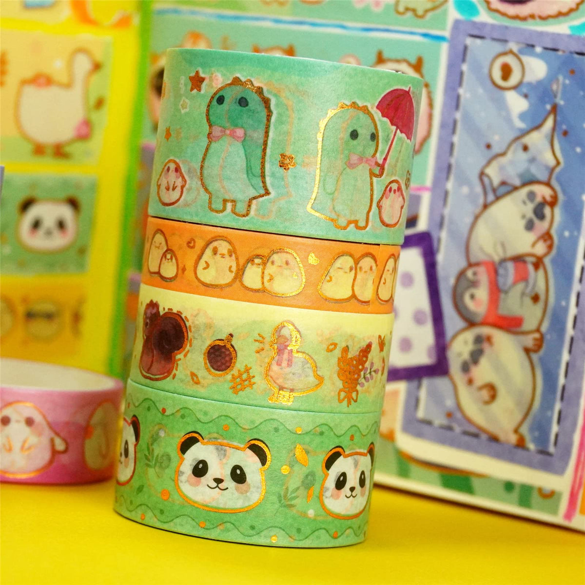 YUBX Cute Pets Washi Tape Set 13 Rolls Wide Gold Embellishment Decorative Masking Tapes for Arts