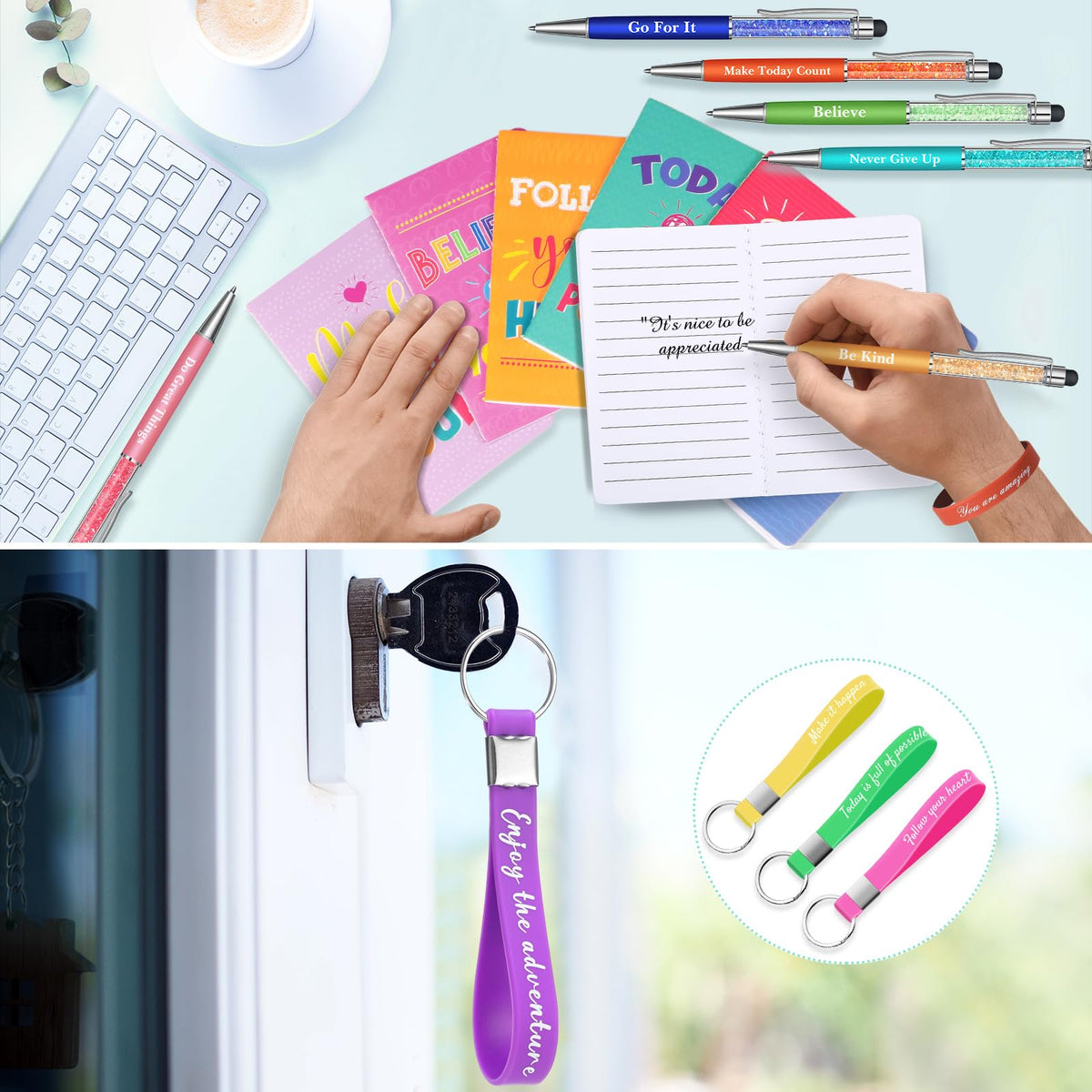 PerKoop 64 Pcs Inspirational Gift Bulk Notebooks Ballpoint Pen, Colorful