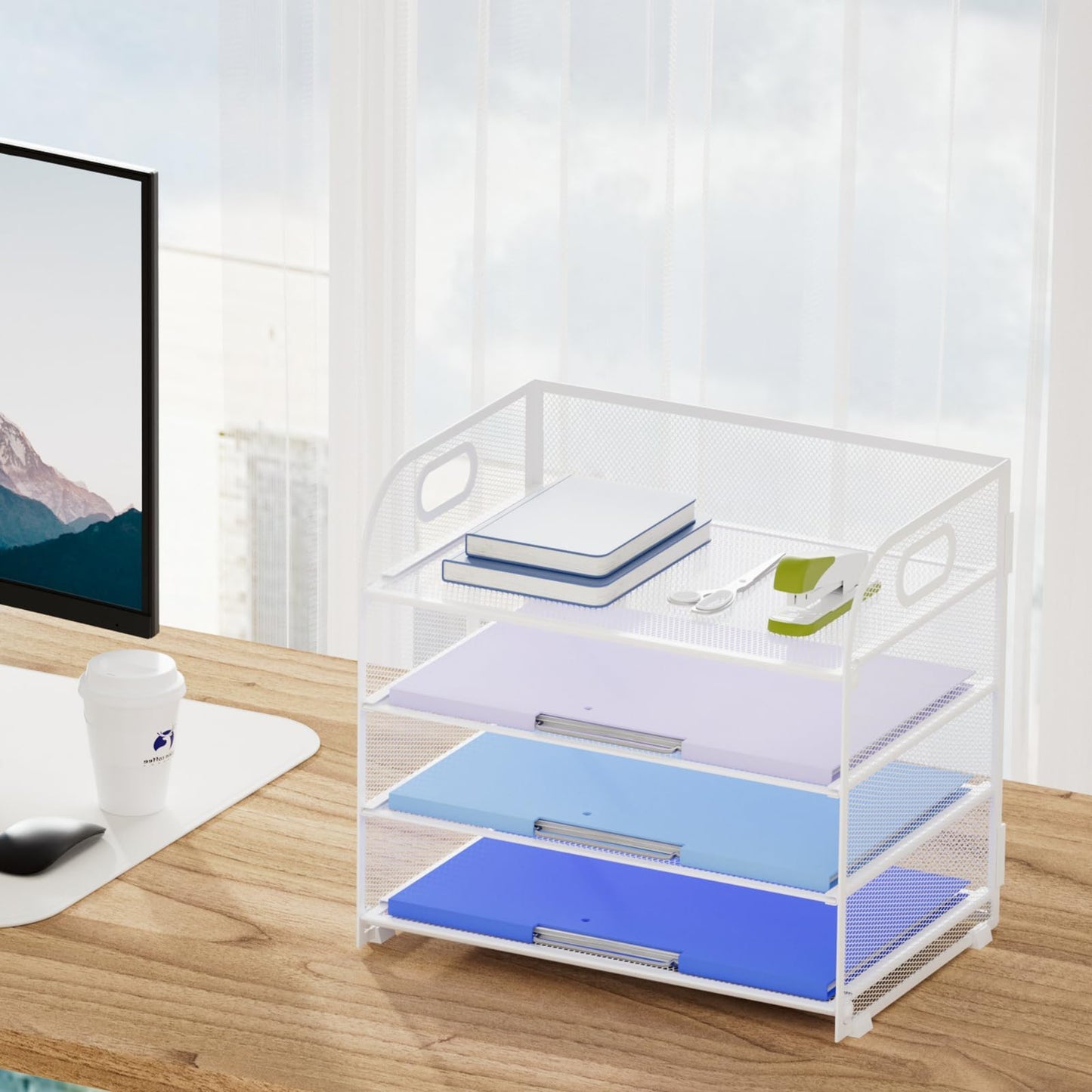 Marbrasse 2 Pack 4 Tier Paper Organizer Letter Tray - Mesh Desk File Organizer with Handle, Paper