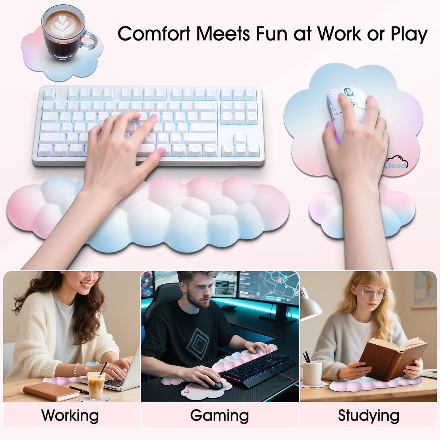 Sushret Cloud Wrist Rest for Computer Keyboard and Mouse Pad Set, Rainbow