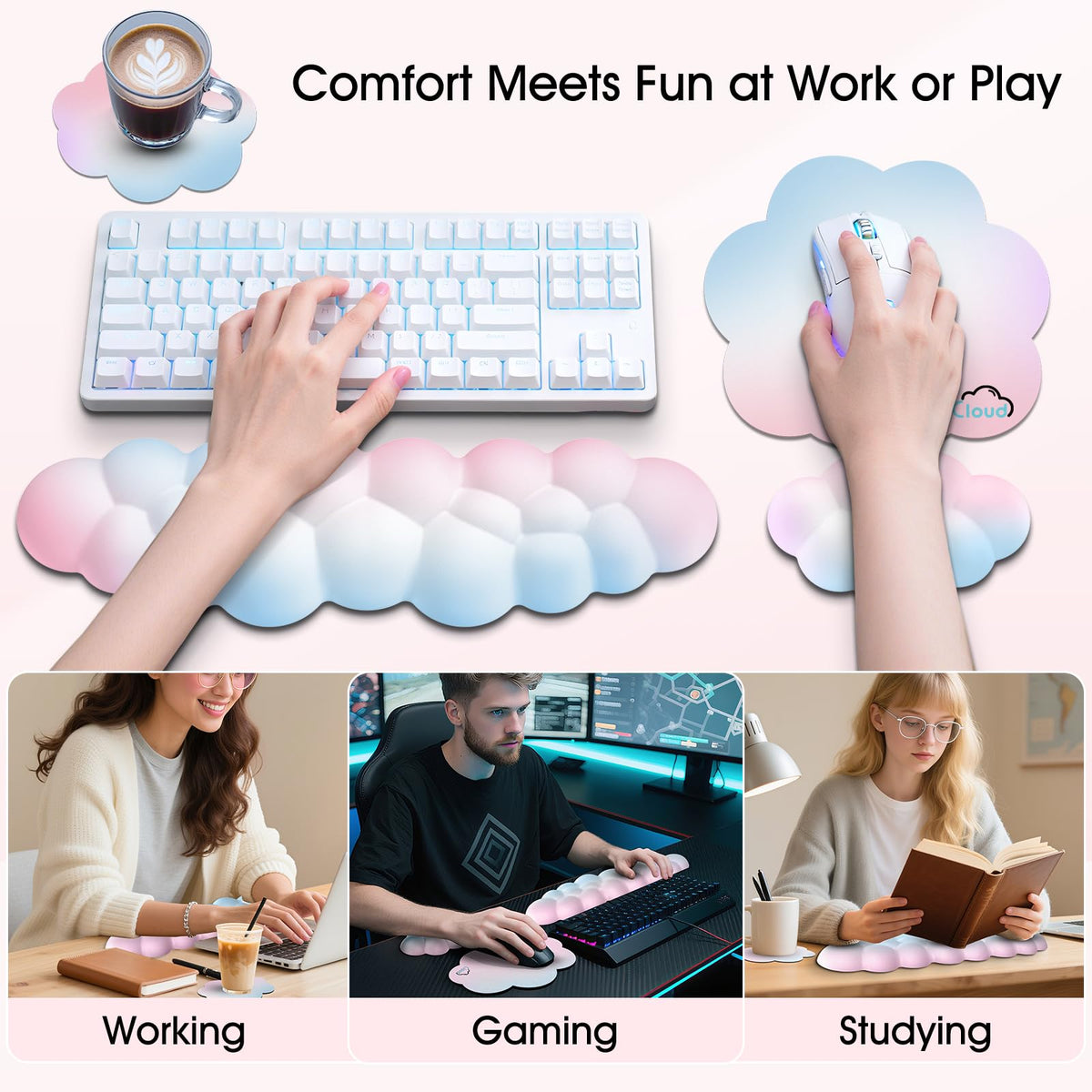 Sushret Cloud Wrist Rest for Computer Keyboard and Mouse Pad Set, Rainbow