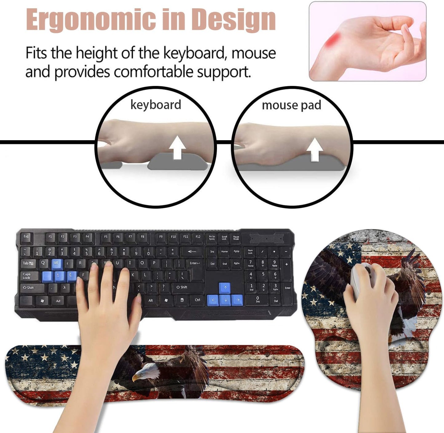 Keyboard Wrist Rest and Mouse Pad Wrist Support Set with Coasters, Non-Slip PU Base, Easy Typing