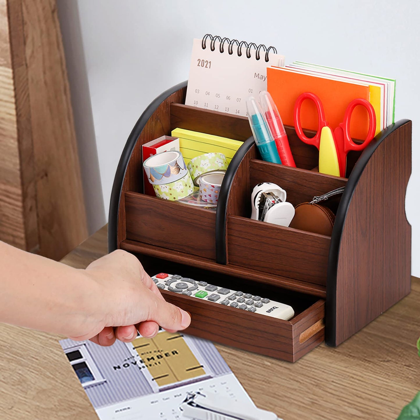Foraineam Wooden Desk Organizer with Drawer, Remote Control Holder Caddy, Makeup Organizers, Wood