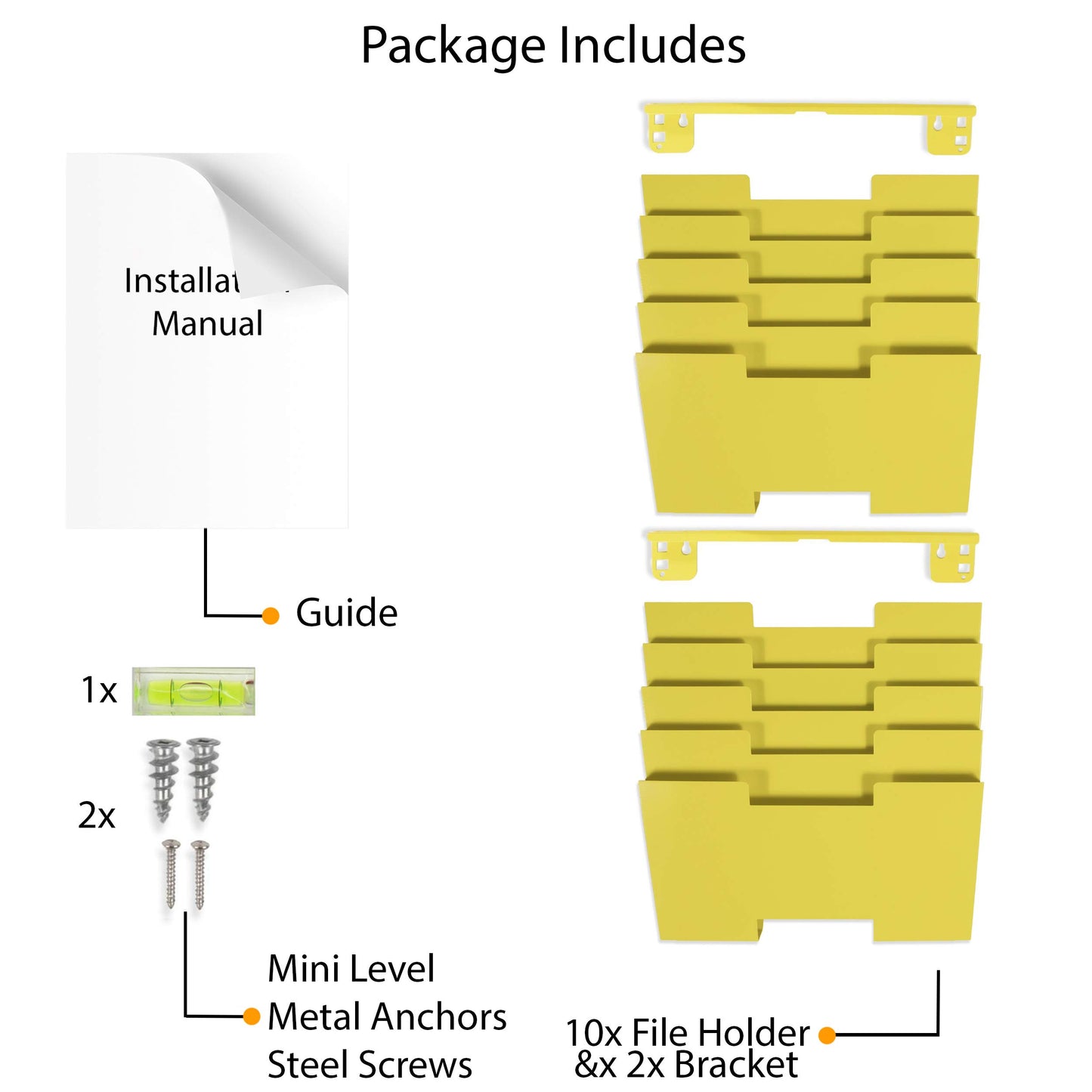 Wallniture Lisbon 10-Tier Metal Wall File Holder Organizer for Organization and Storage, Yellow