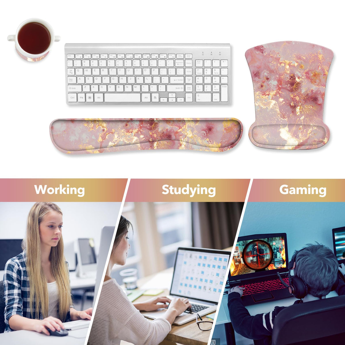 AIMSA Mouse Pad Wrist Support Set Keyboard Wrist Rest, Ergonomic Memory Foam Non-Slip Base Easy