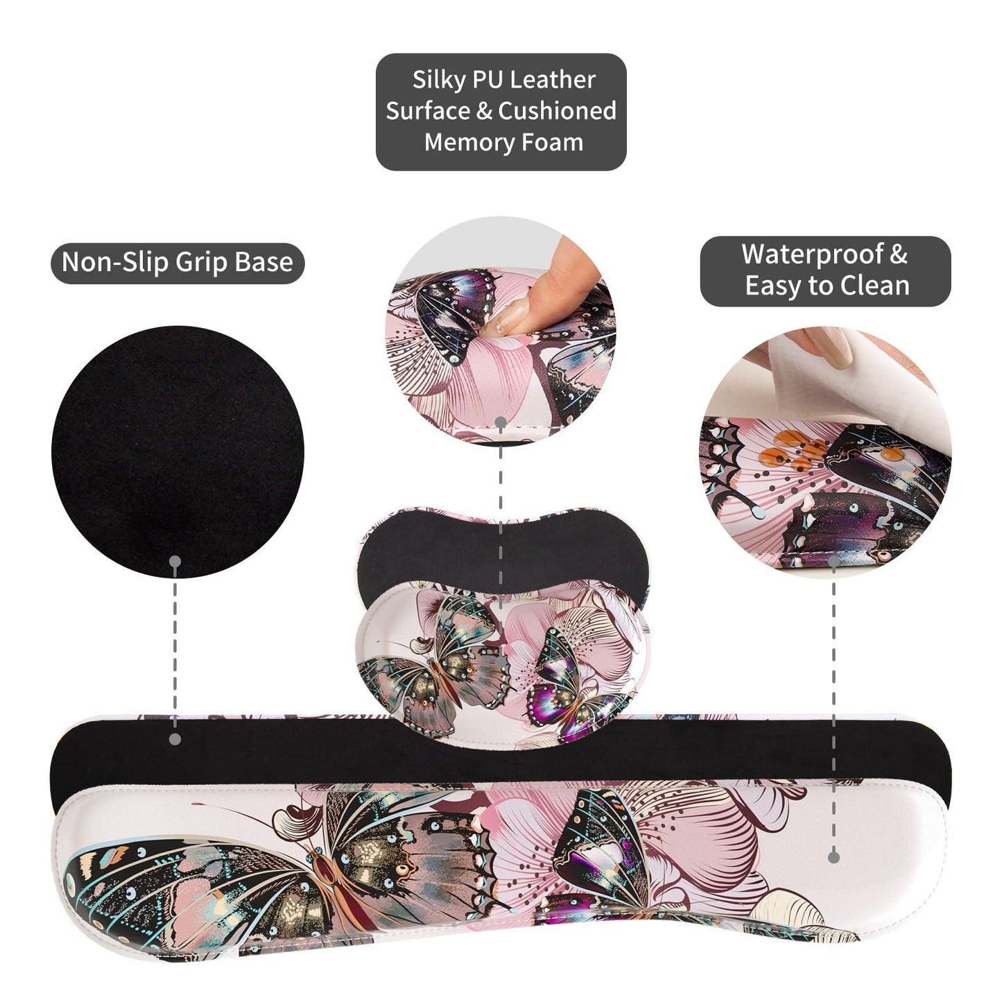 QiyI PU Leather Desk Mat Set, 4-in-1 Ergonomic Wrist Rest, Butterflies