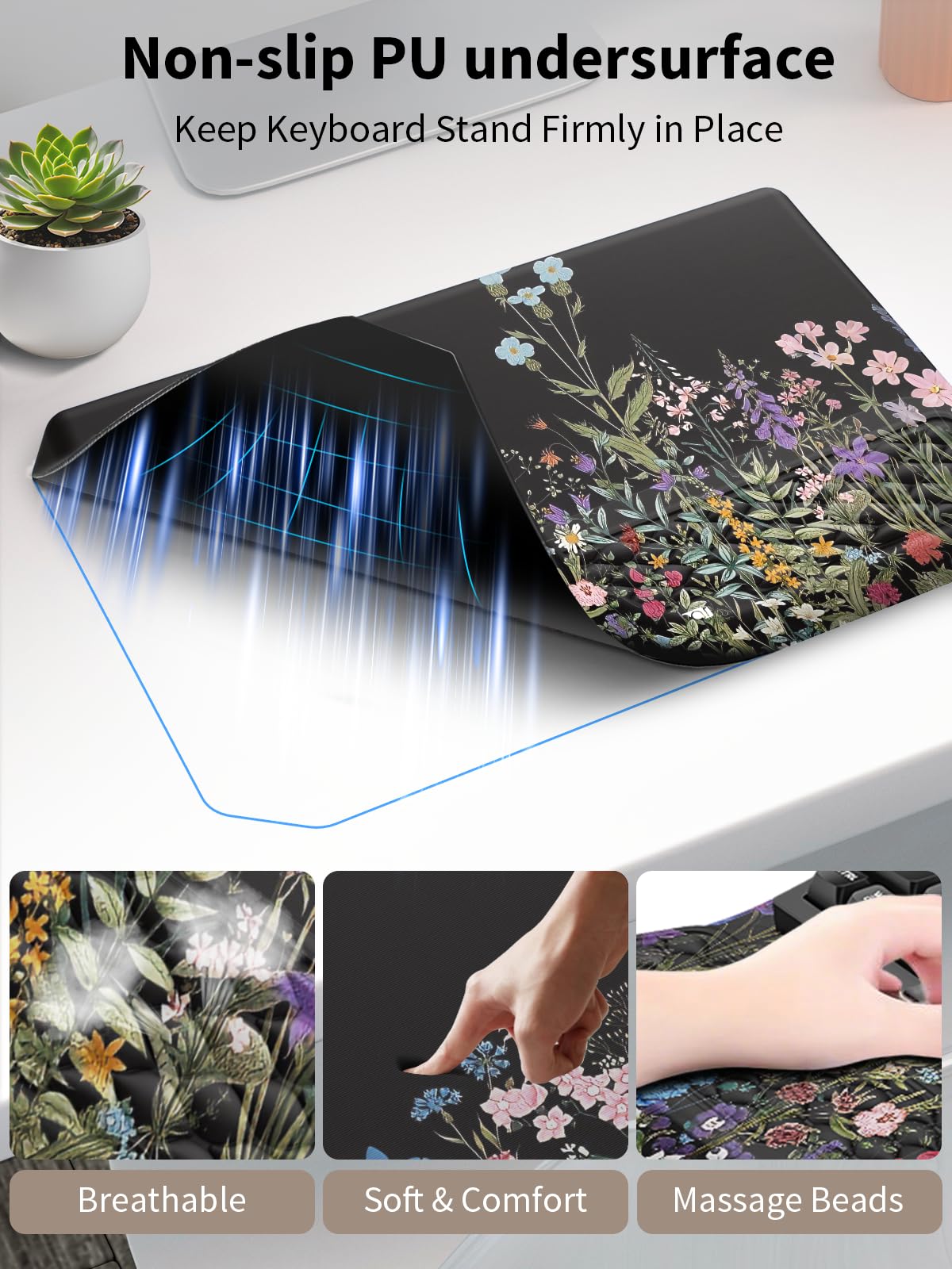 3-in-1 Ergonomic Keyboard Stand with Wrist Rest & Mouse Pad Set, Flower