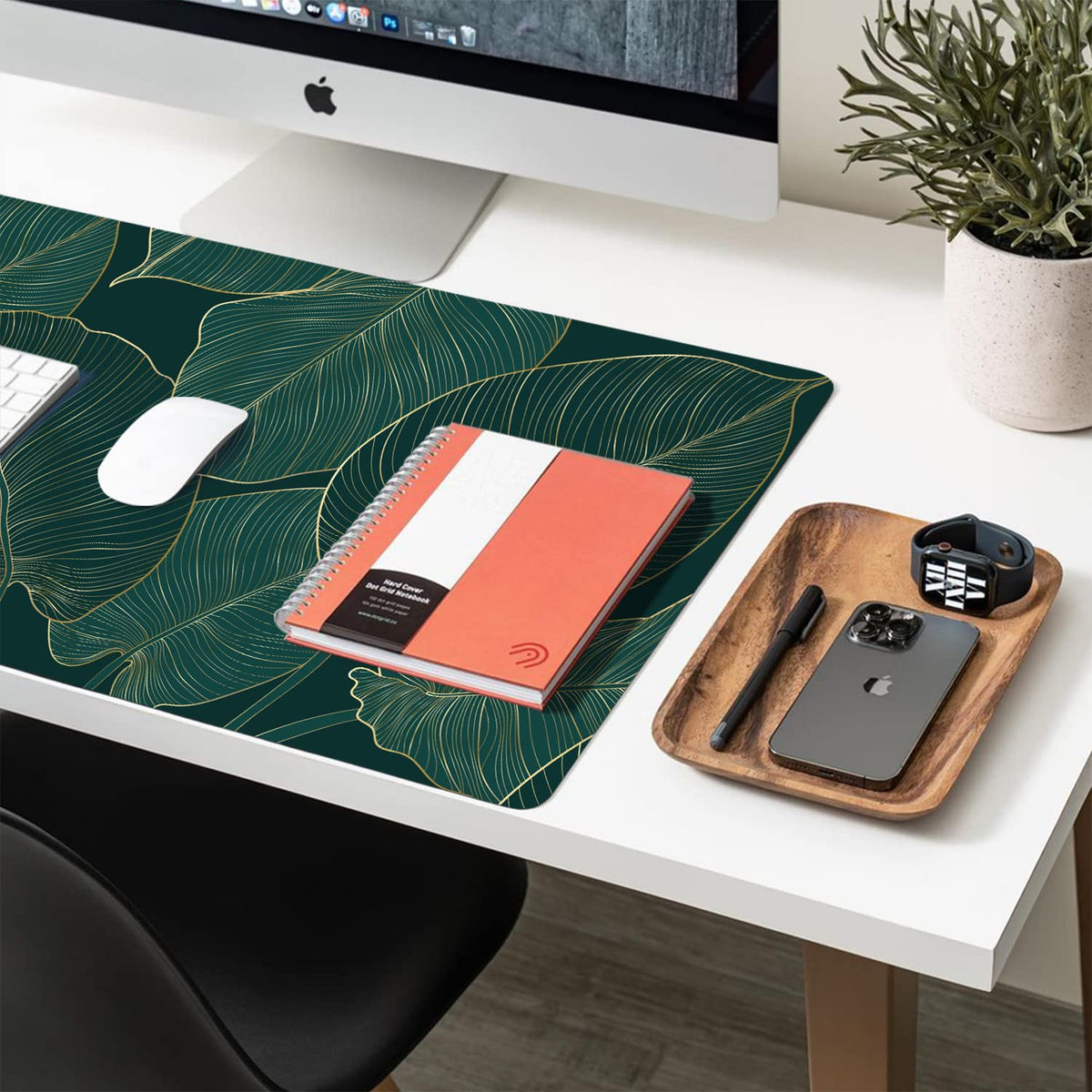 Green Desk Mat, Non-Slip PU Leather Desk Pad, Palm Leaves 27.5"x13.8"