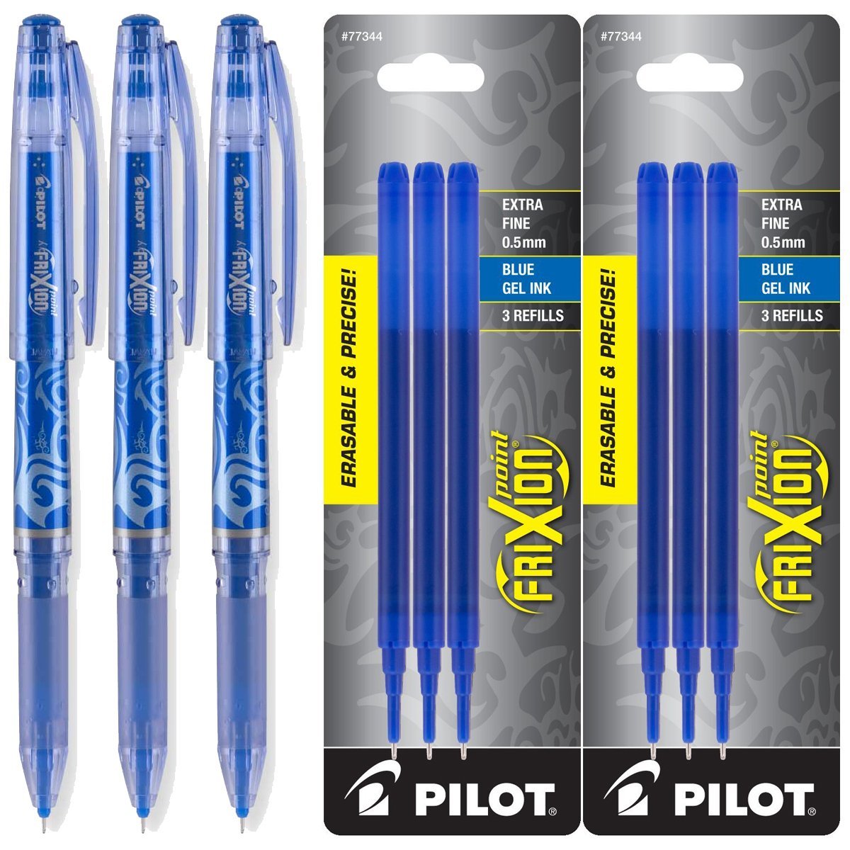 Pilot Frixion Point Gel Ink Stick Pens, Erasable, Extra Fine Point 0.5mm, Blue Ink, Pack of 3 with