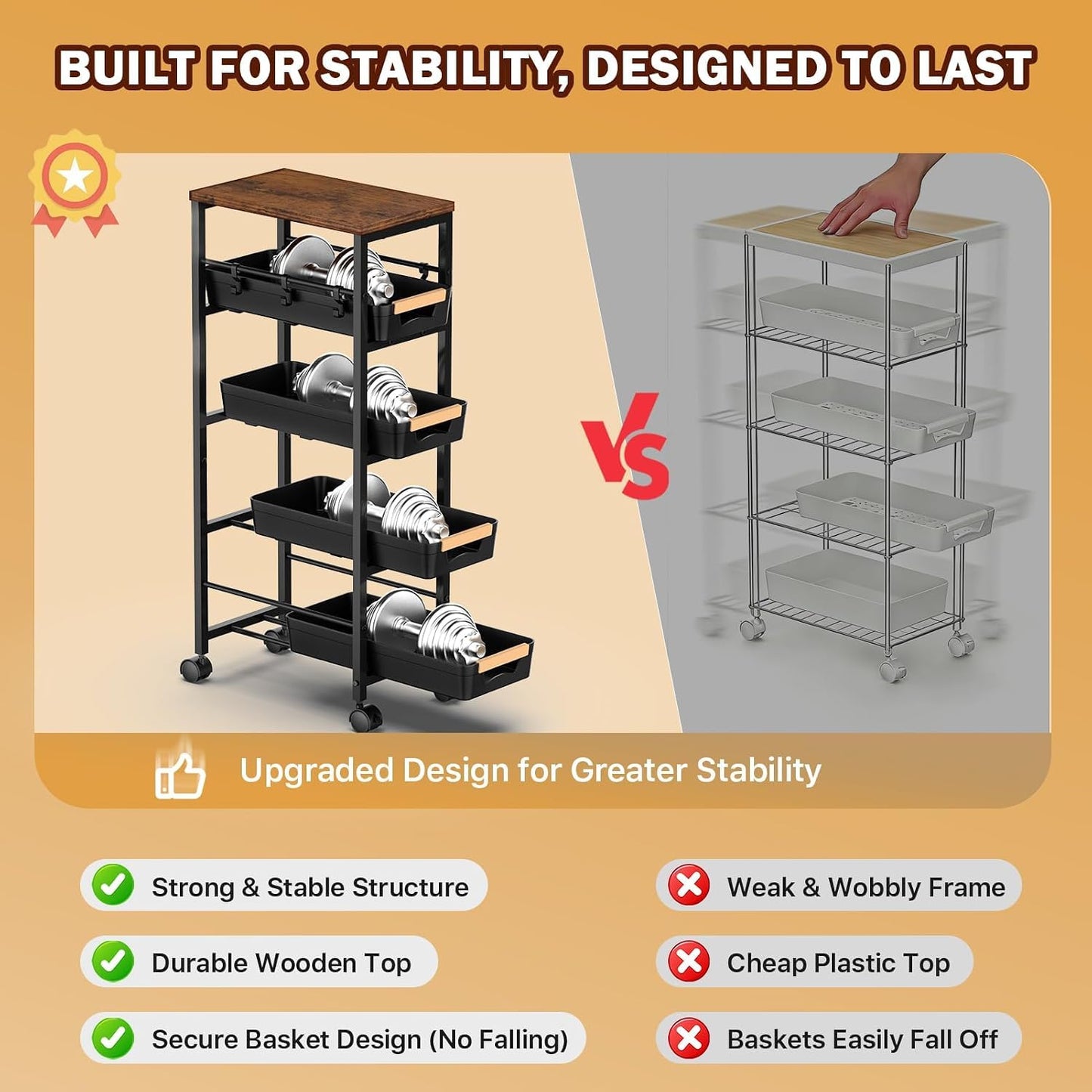 SUNALLY Slim Storage Cart with Wheels, Narrow Kitchen Rolling Cart, Black