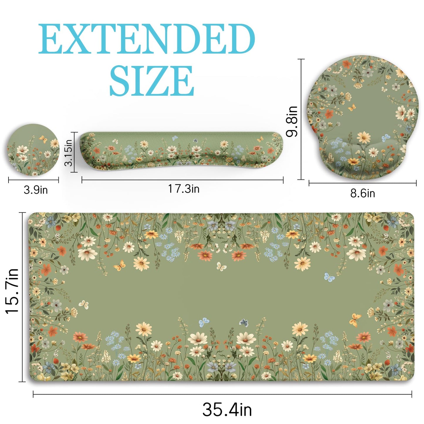 LIMKRIAN Floral Desk Mat Set, Cute Green Desk Accessories Gifts for Women