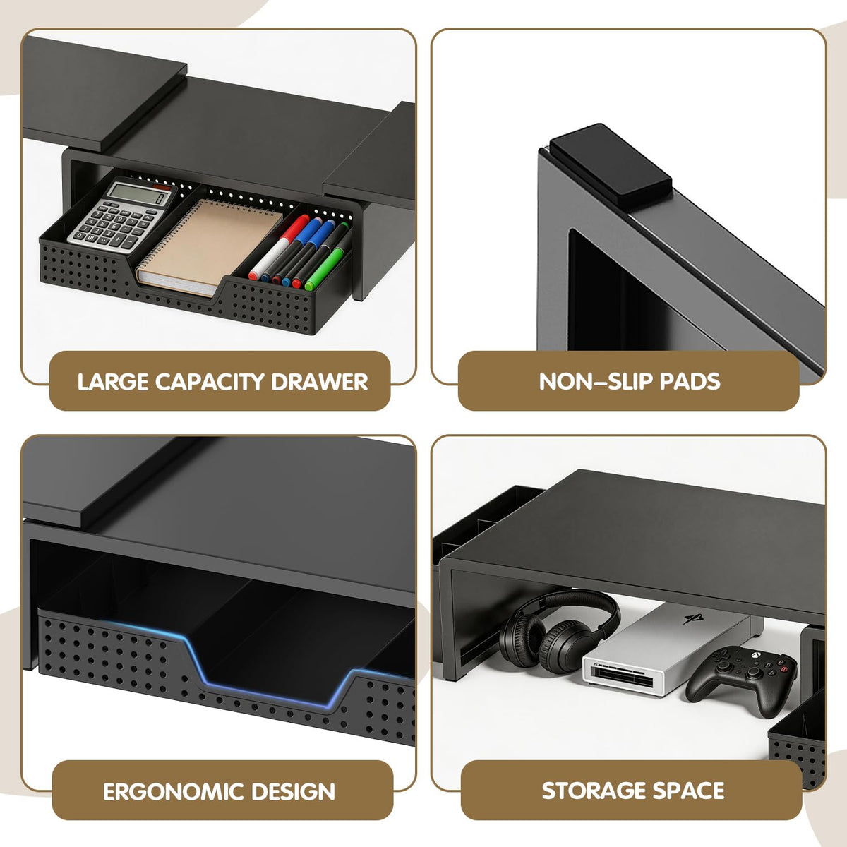 LEKETREE Dual Monitor Stand Riser with Drawer and 2 Pen Holders, Black