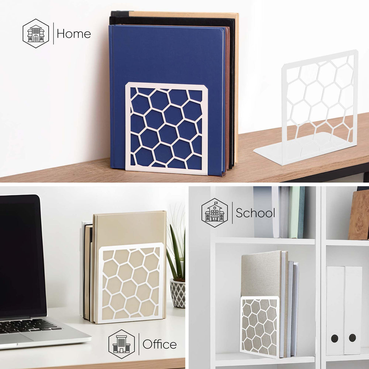 White Geometric Honeycomb Metal Bookends - Book Ends for Shelves - Decorative Modern Heavy Duty