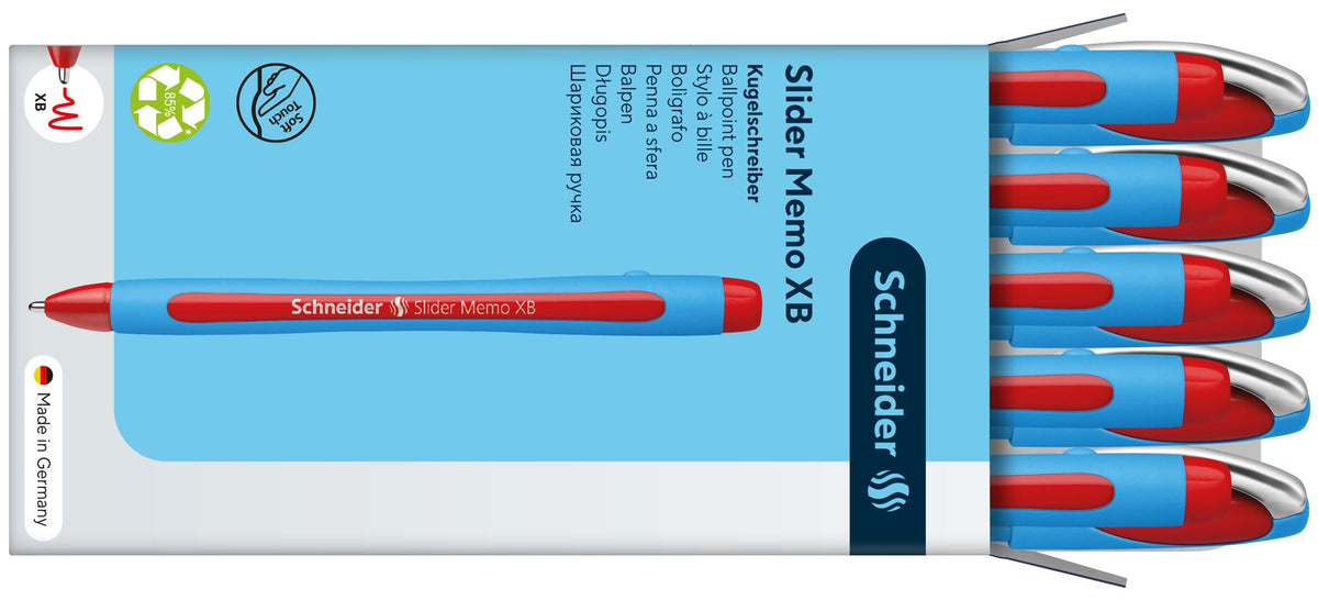 Schneider Slider Memo XB (Extra Broad) Ballpoint Pen, 1.4 mm, Light Blue Barrel, Red Ink, Box of 10
