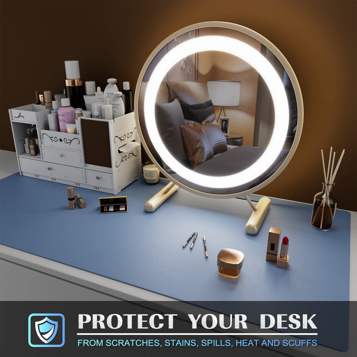 K KNODEL Extra Large Desk Mat, Leather Mouse Pad (35.4"x17", Lake Blue)