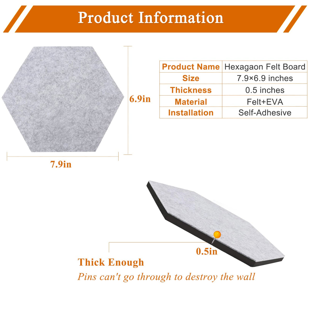 HULAVO 8 Pcs Hexagon Felt Cork Bulletin Board Tiles, Self Adhesive DIY Bulletin Board Pin Board for