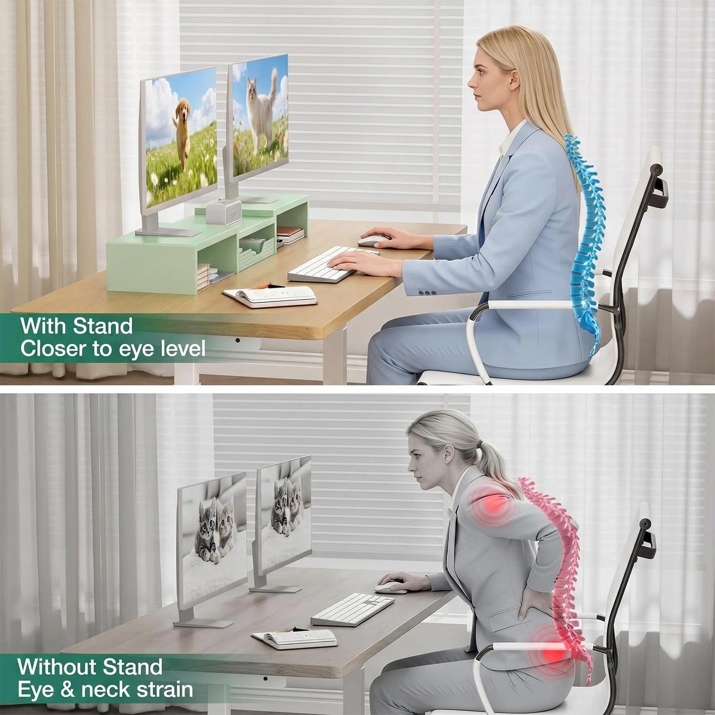 OPNICE Dual Computer Monitor Stand Riser, Desk Organizer with Drawer, Office Desk Accessories &