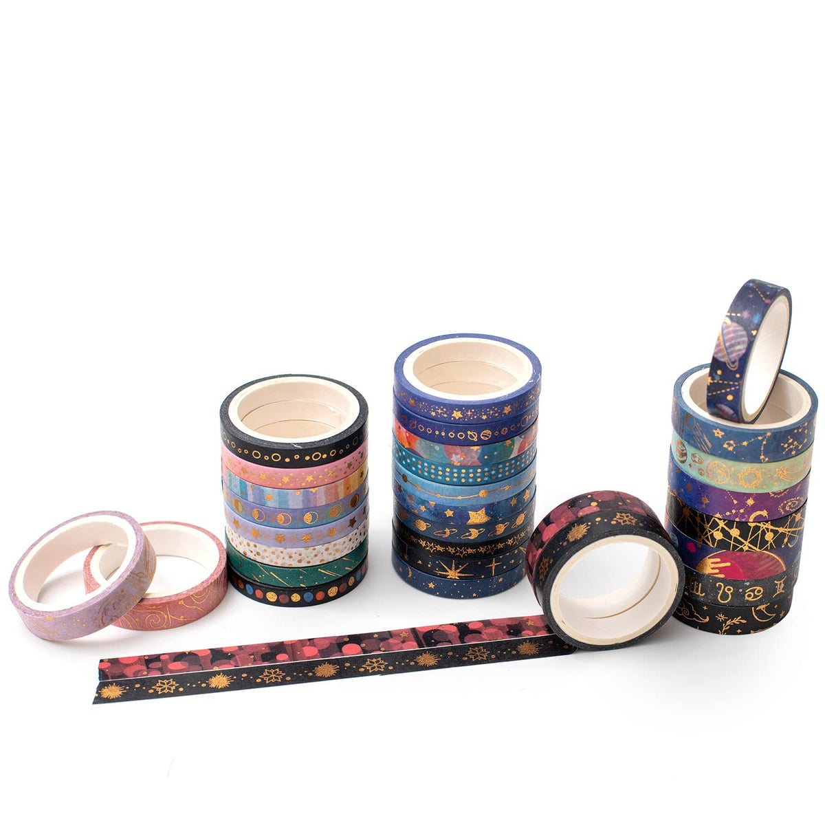 YUBX Skinny Galaxy Washi Tape Set 30 Rolls Gold Foil Decorative Starry Space Masking Tapes for