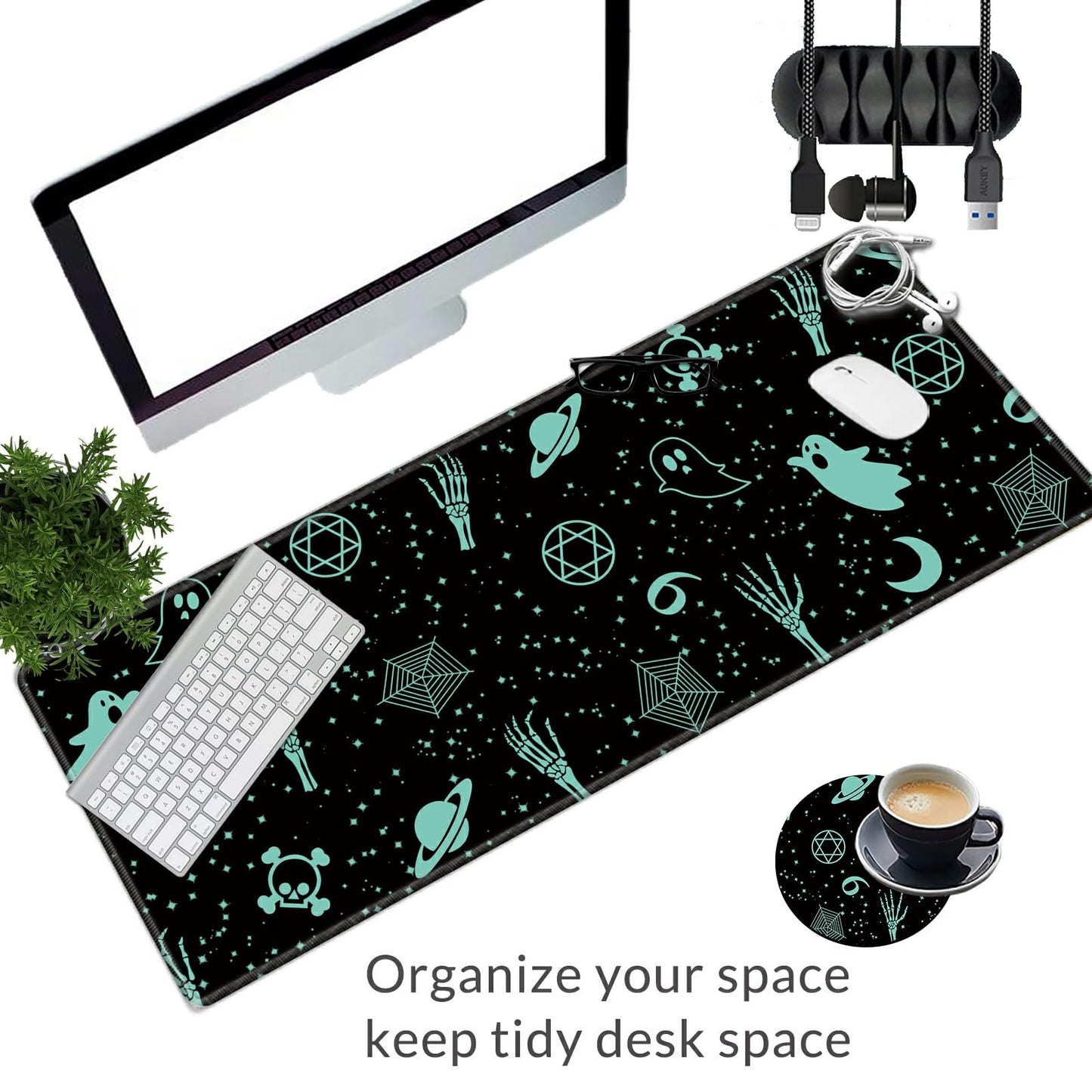 Large Gaming Mouse Pad Plus a Coasters + Cable Clips, Skull Moon Gothic Extended Mousepad (31.5 x