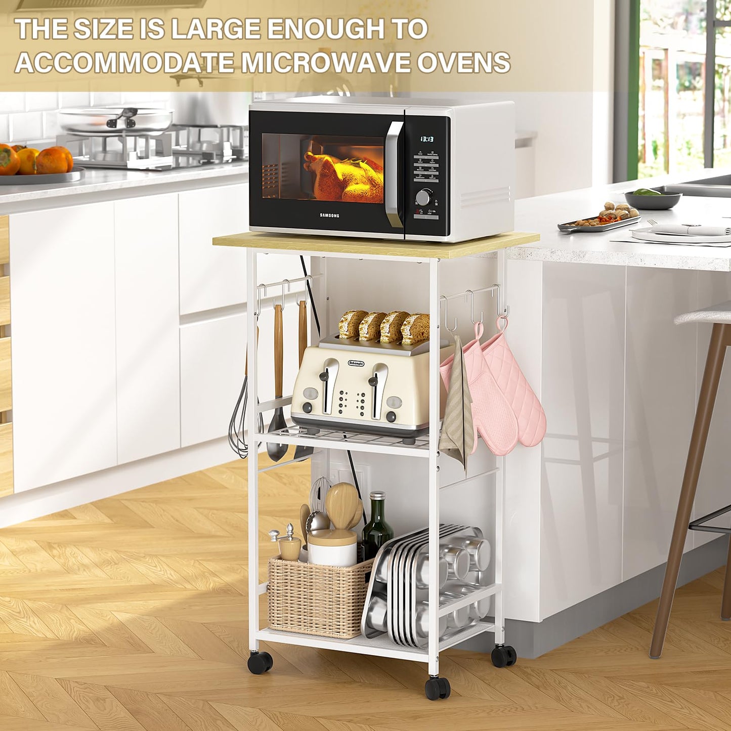 ThreeHio Rolling Kitchen Microwave Cart, 3 Tier Microwave Table Stand with Adjustable Shelf