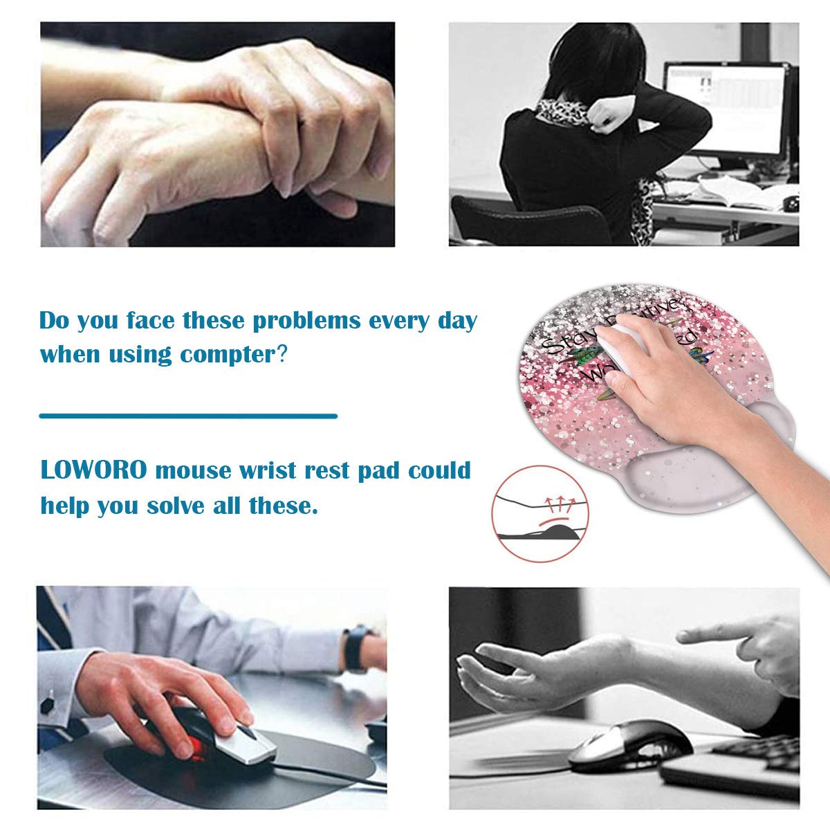 Ergonomic Mouse Pad Wrist Support and Coasters Set, Pink Glitter Stay Positive Work Hard and Make