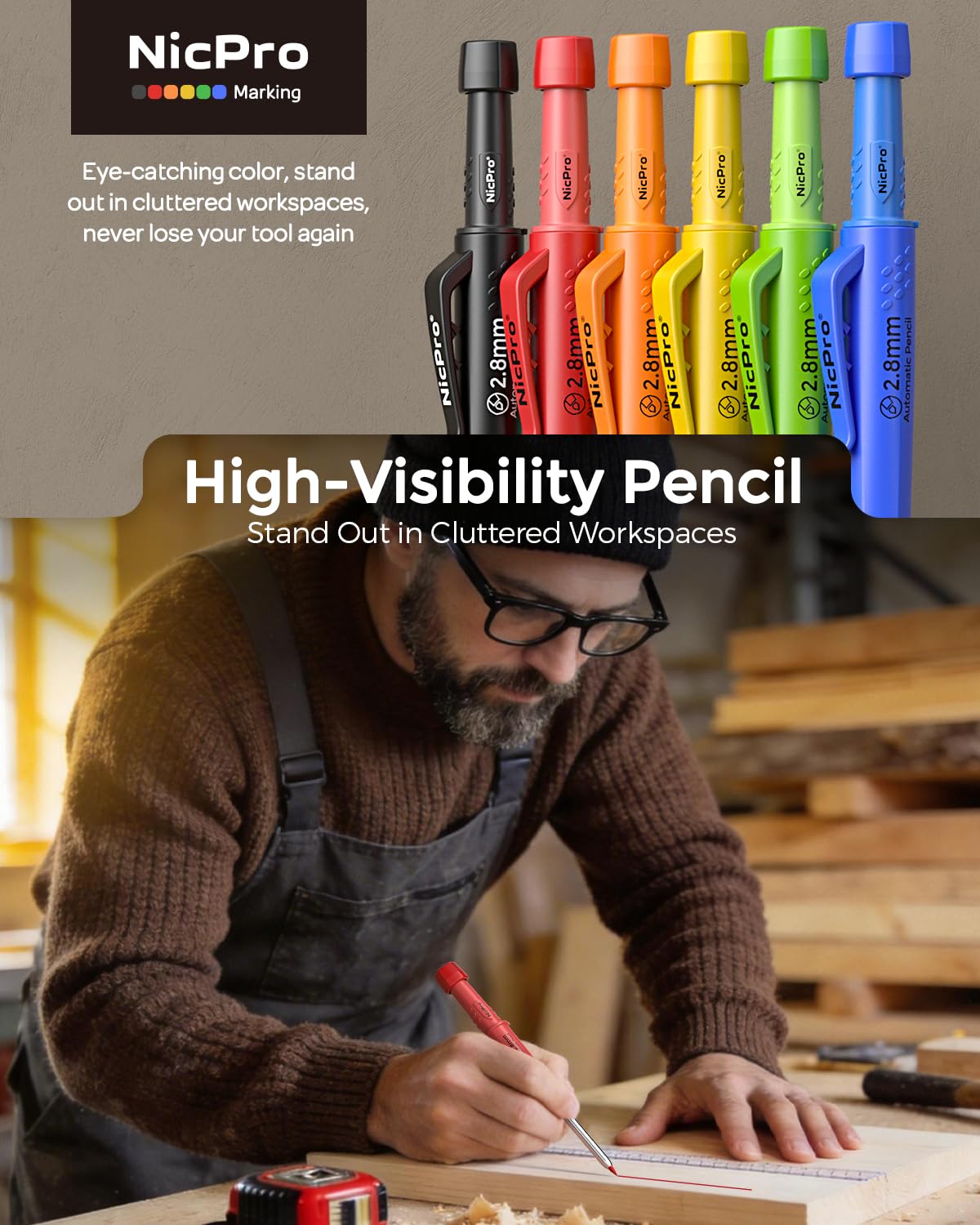 Nicpro 6Pack Carpenter Pencils with Sharpener & Sleeve, Construction Pencil