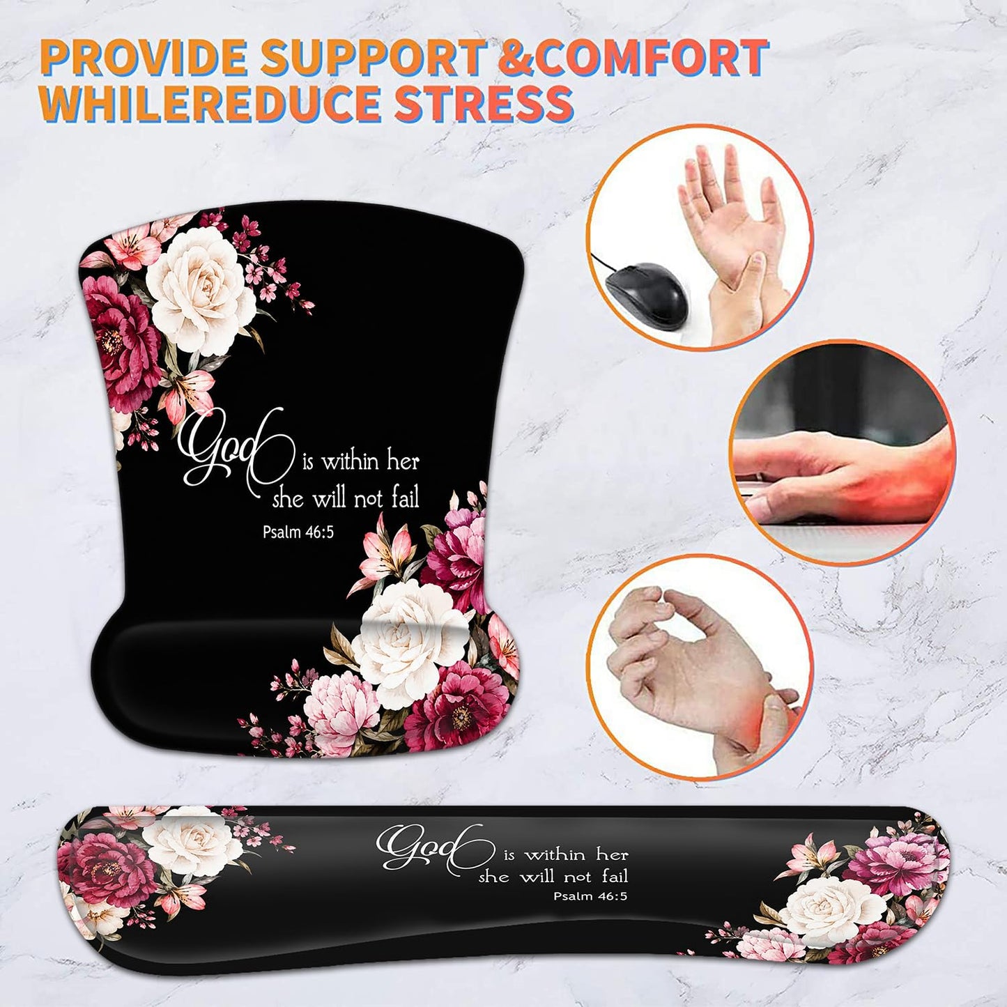 Keyboard Wrist Rest Pad and Ergonomic Mouse Pad Wrist Support Set Psalm 46:5 God is Within Her, She