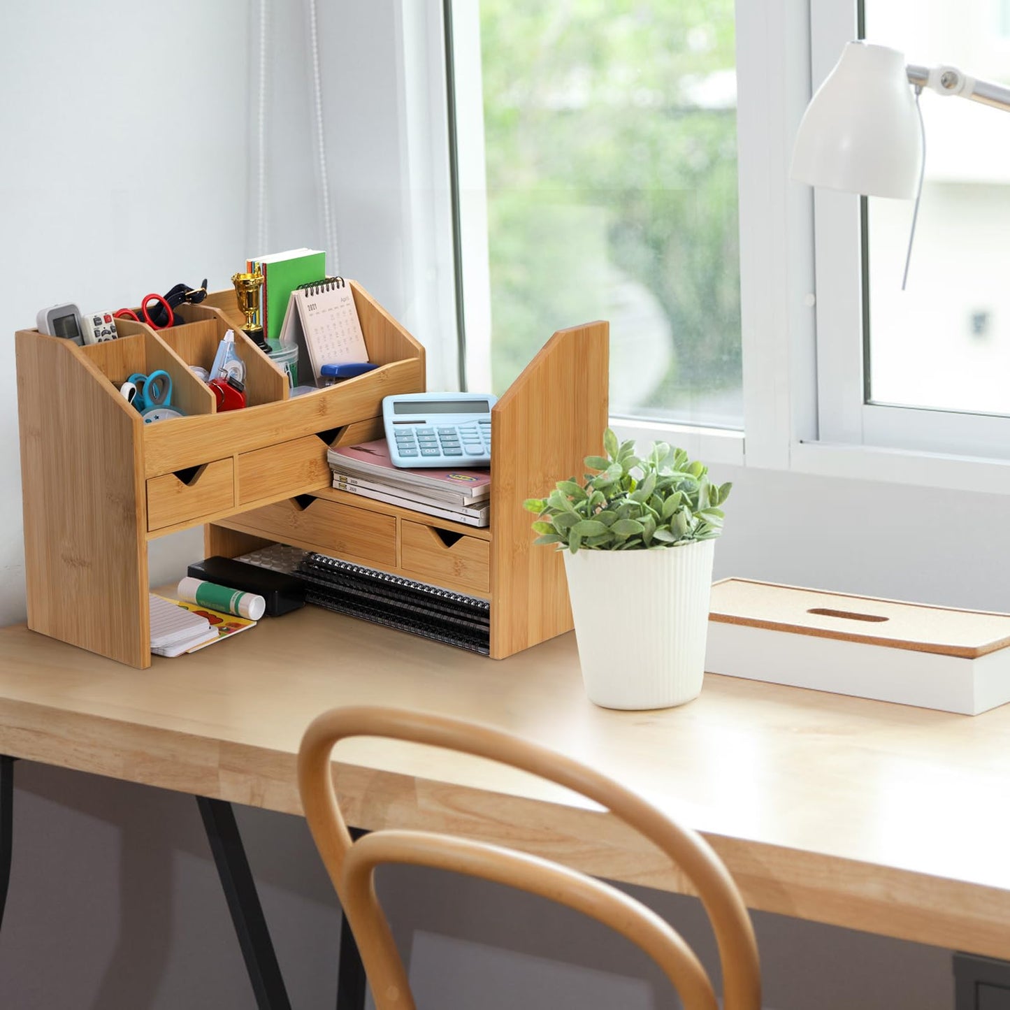 Lawei Bamboo Desk Organizer with Adjustable File Holder, Mini Desk Drawer Tabletop Organization Box