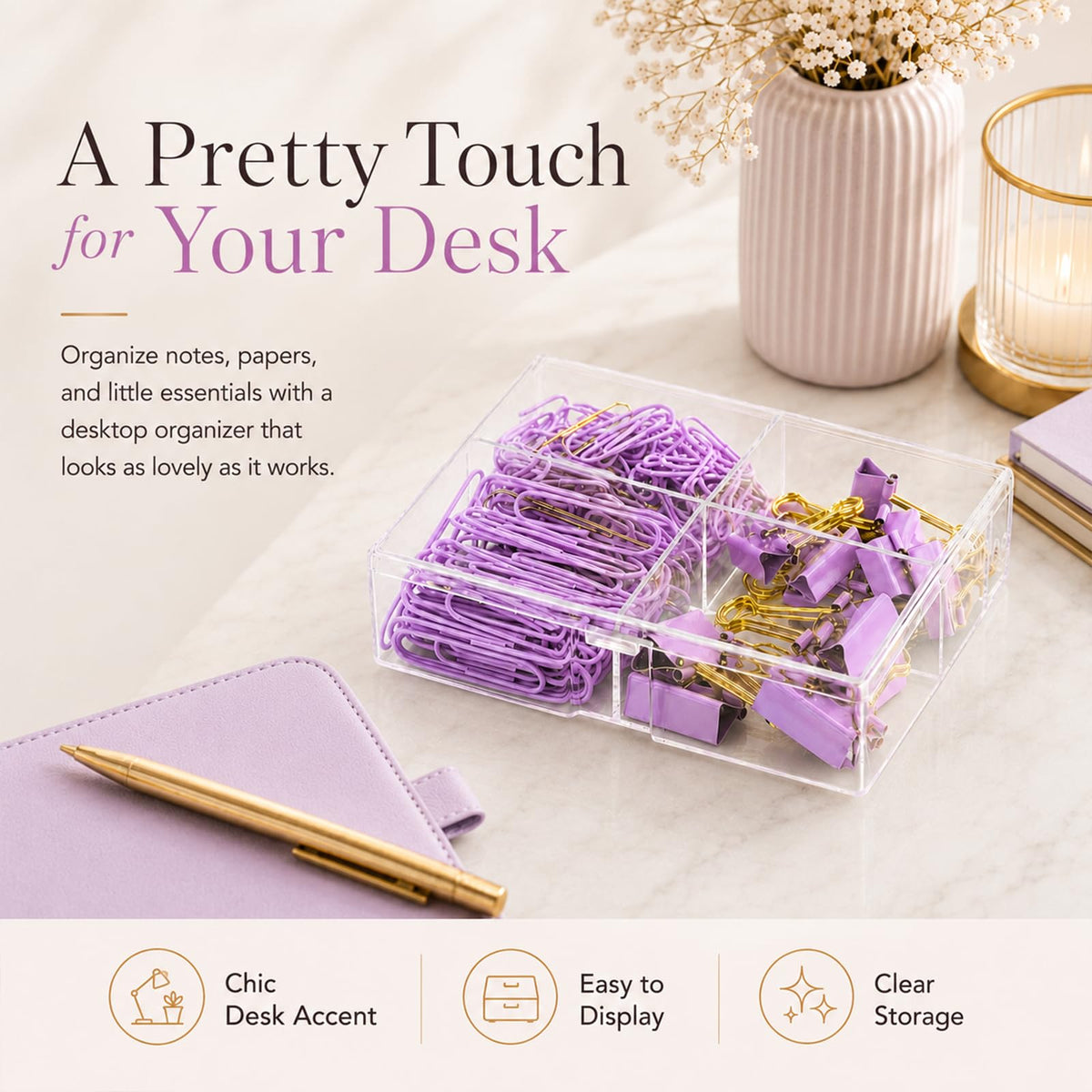 Creechwa Paper Clips and Binder Clips Set, Purple & Gold, Assorted Size Clips