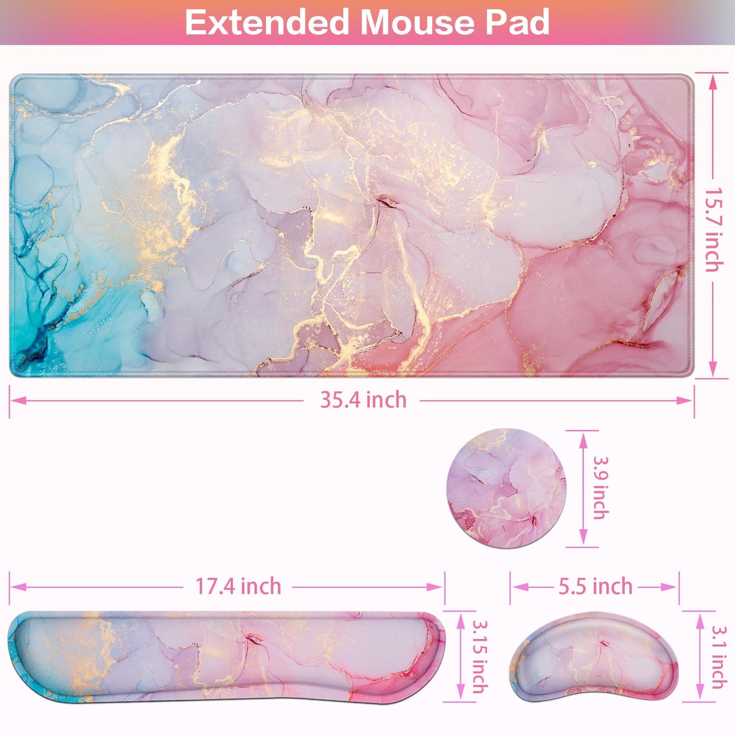 Mouse Pad Pink, Mouse Pad with Wrist Rest, 4-in-1 XXL Extended Large Desk