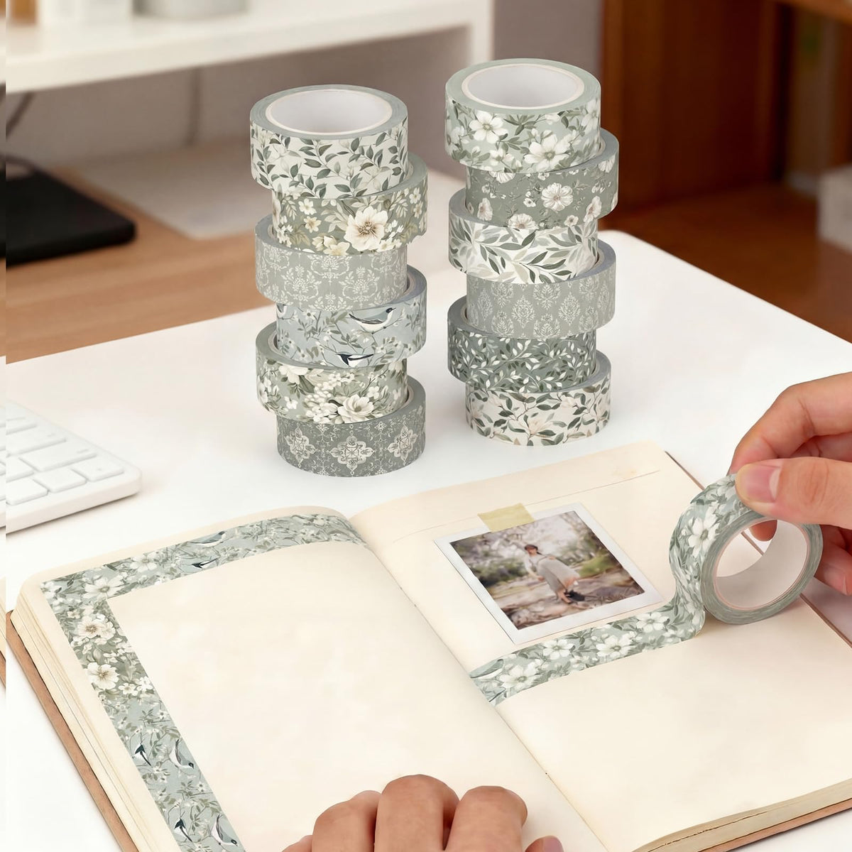 YooNotee 12 Rolls Floral Washi Tape Set,Sage Green,Greenery