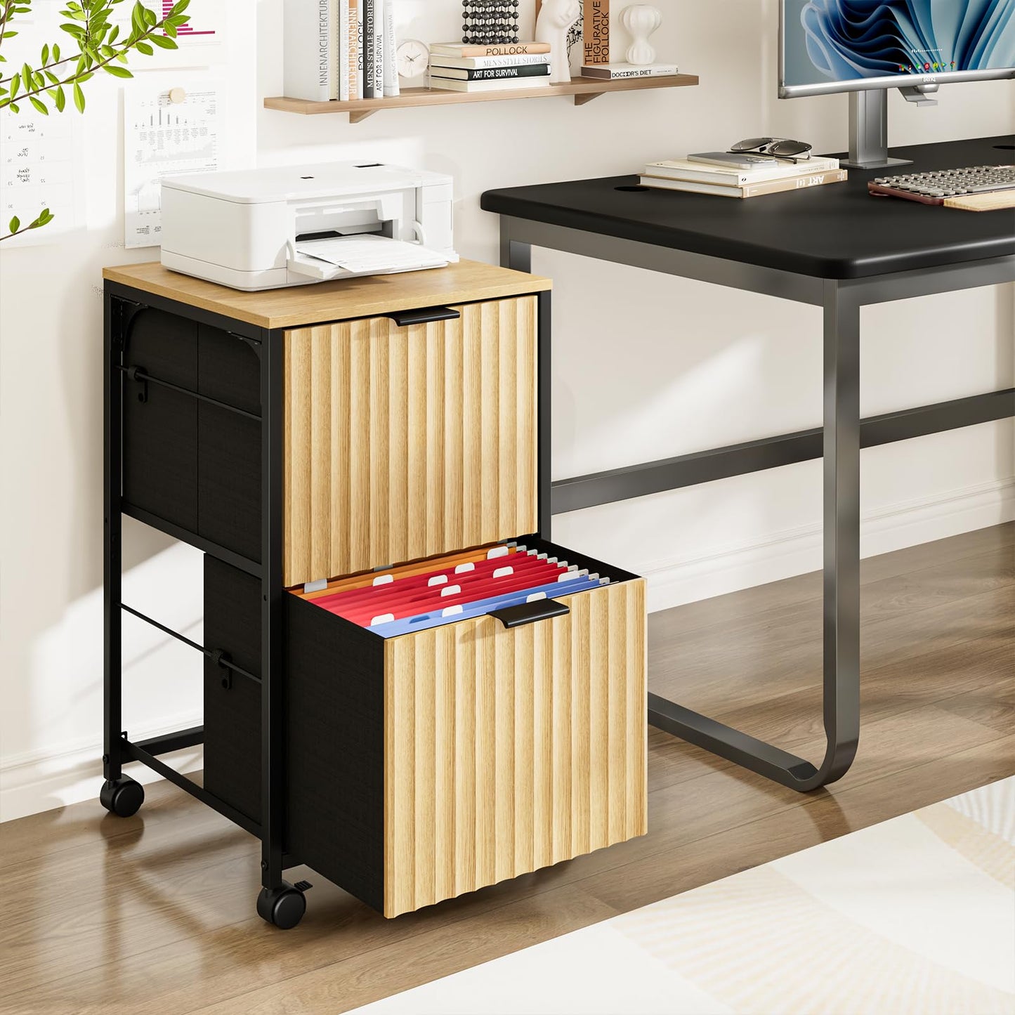 Bonnlo 2 Drawer Mobile File Cabinet, Rolling Fluted Filing Cabinet Under Desk File Cabinet with