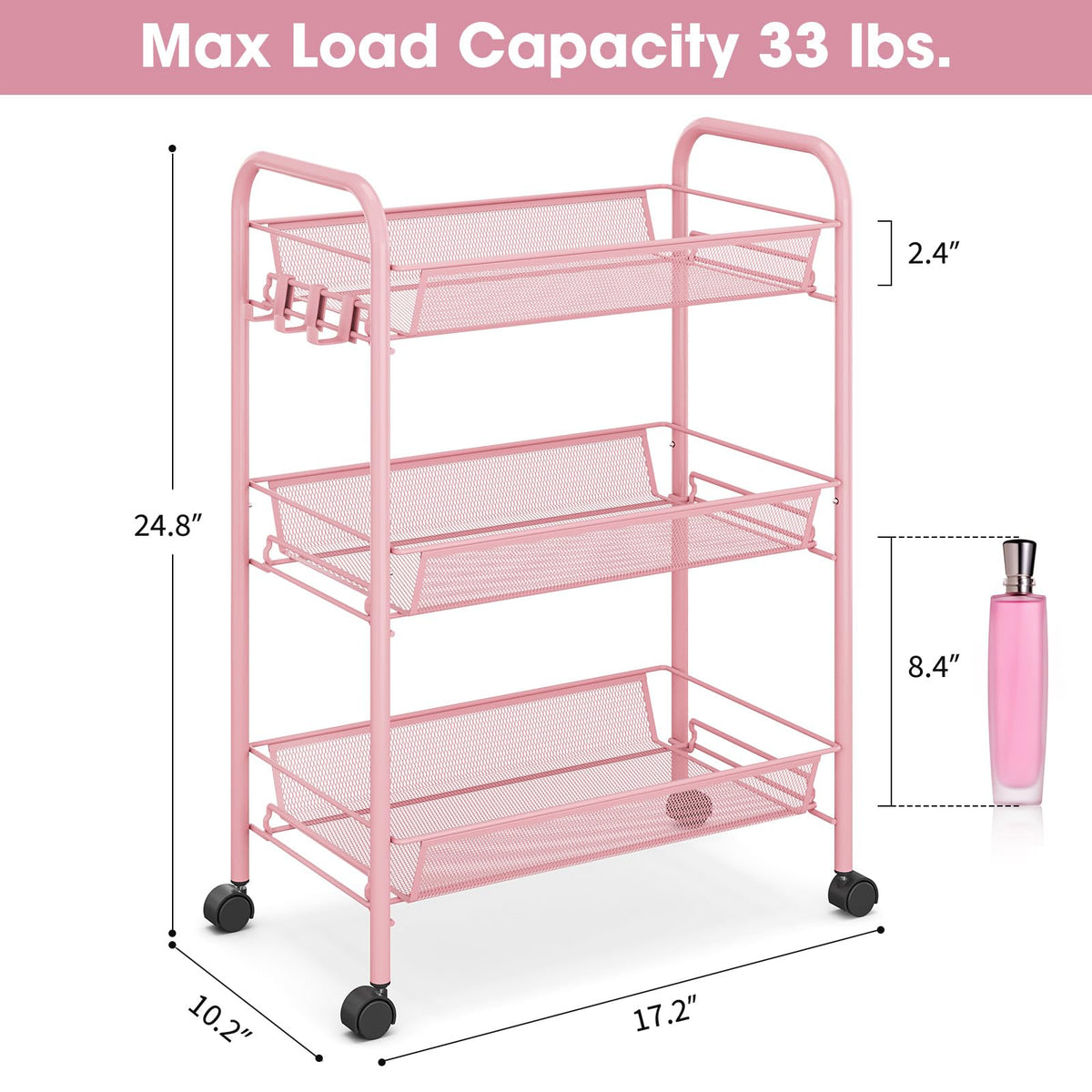 TOOLF 3 Tier Rolling Cart, Metal Utility Storage Cart with Wheels, Pink