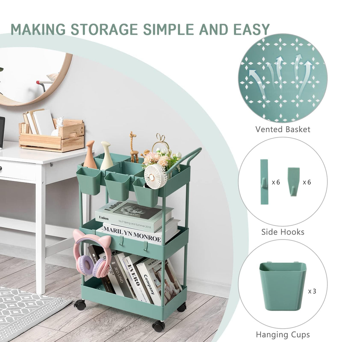 danpinera Storage Cart on Wheels, 3 Tier Bathroom Cart Organizer Slim Laundry Narrow Shelf with