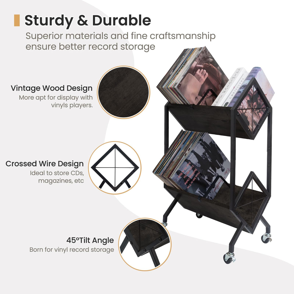 SwaaVee Vinyl Record Storage Holder with Wheels, 2-Tier Record Holder 160-200 LP with Dividers