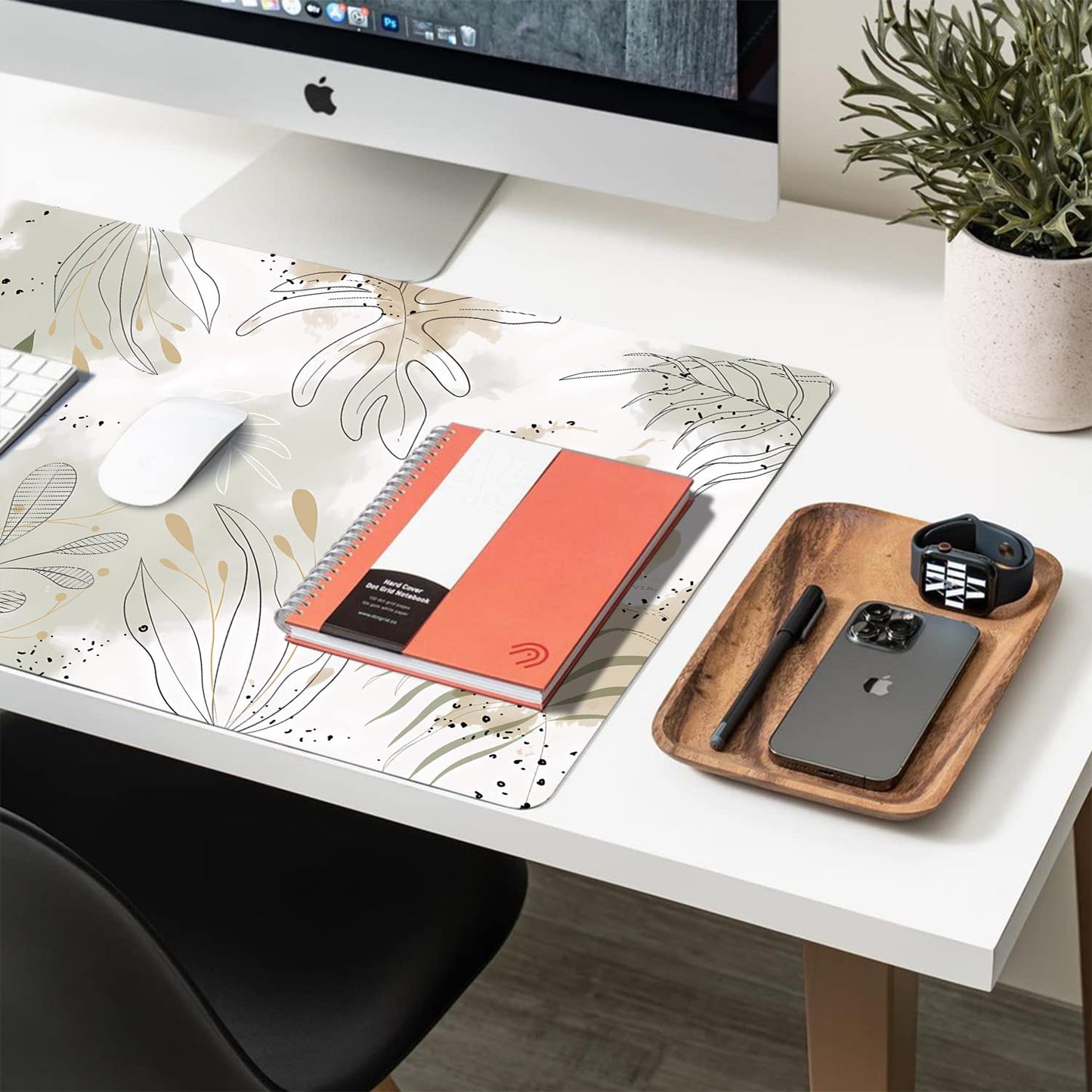 Floral Desk Mat, Non-Slip PU Leather Desk Pad, White Leaves 23.6"x11.8"