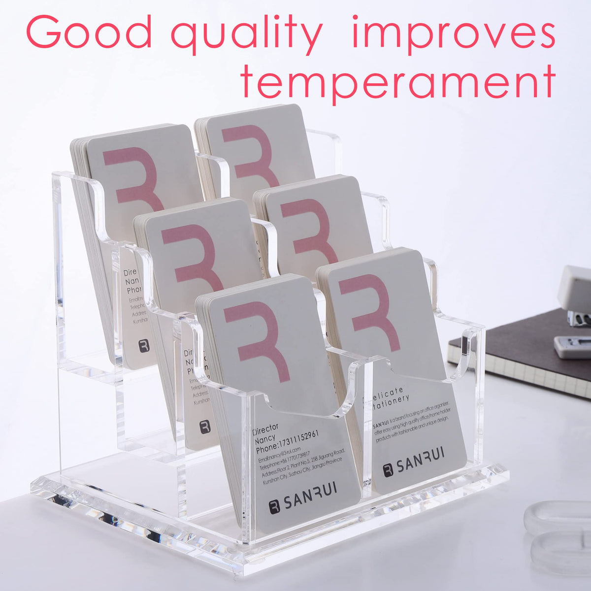 SANRUI Vertical Business Card Holder for Desk,Clear Acrylic Business Card Display Stand,6 Slots 3
