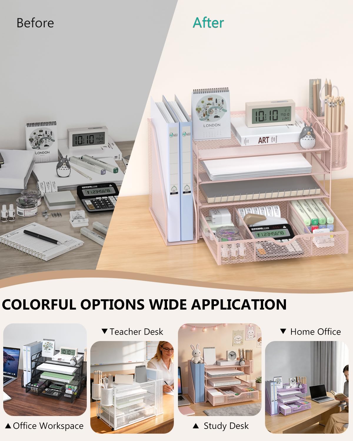 WALI Desk File Organizer, 4 Tier Desktop Paper Letter Tray Organizer with Drawer and 2 Pen Holders