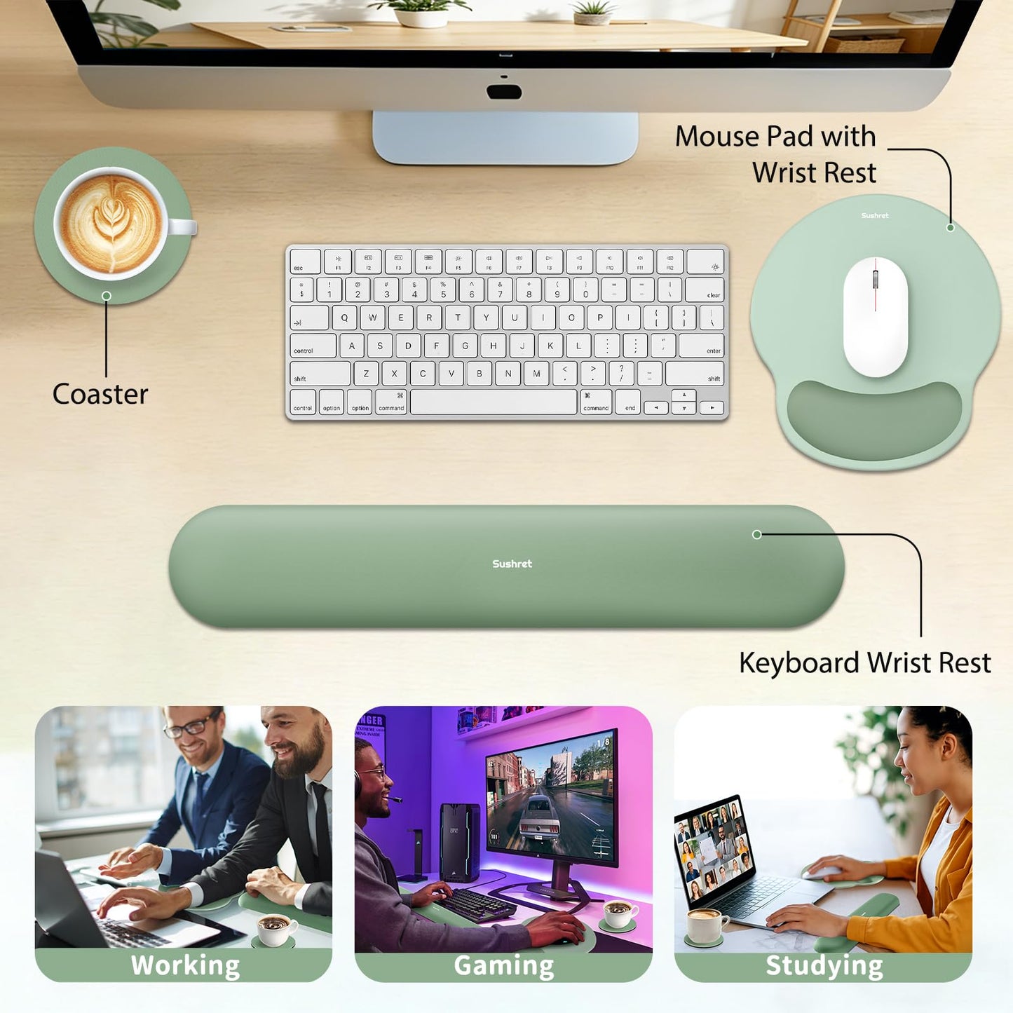 Sushret Mouse Pad and Keyboard Wrist Rest, 3-in-1 Gel Memory Foam Ergonomic Mouse Pad with Wrist