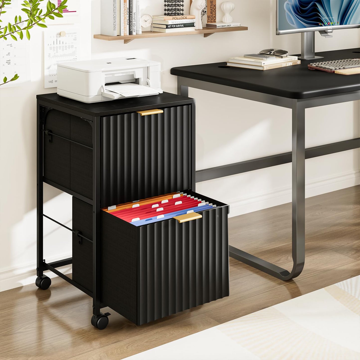 Bonnlo 2 Drawer Mobile File Cabinet, Rolling Fluted Filing Cabinet Under Desk File Cabinet with
